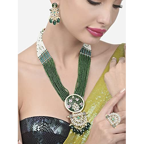 ZAVERI PEARLS Green Pink Meenakari Multistrand Beaded Long Kundan Necklace Earring & Ring Set For Women-ZPFK15624