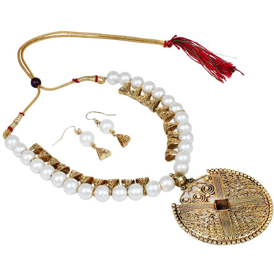Shining Diva Fashion Latest Antique Design Stylish Necklace Set For Women Wedding Traditional Jewellery Set for Women (White) (10470s)