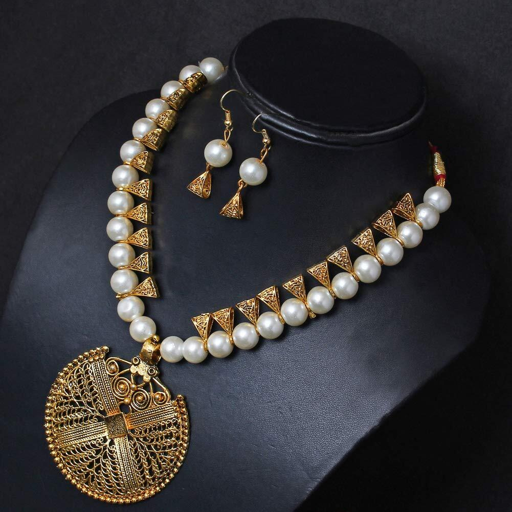 Shining Diva Fashion Latest Antique Design Stylish Necklace Set For Women Wedding Traditional Jewellery Set for Women (White) (10470s)