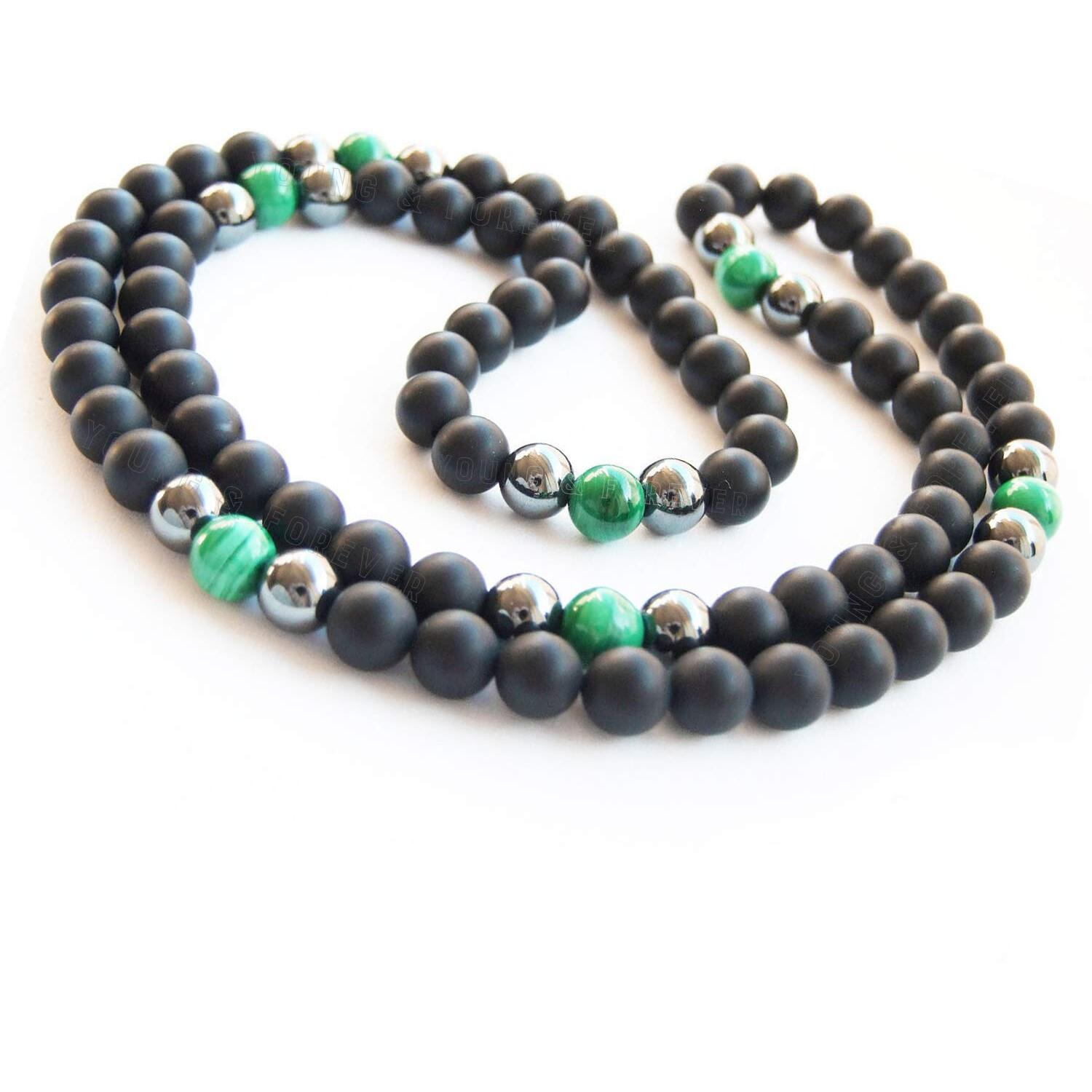 Young & Forever Gift Dvine Spiritual Natural Semi Precious Stone Jewellery Necklace Green Tiger Eye Onyx Hematite Reiki Men Necklace Buddha Beads and Men Necklace Long