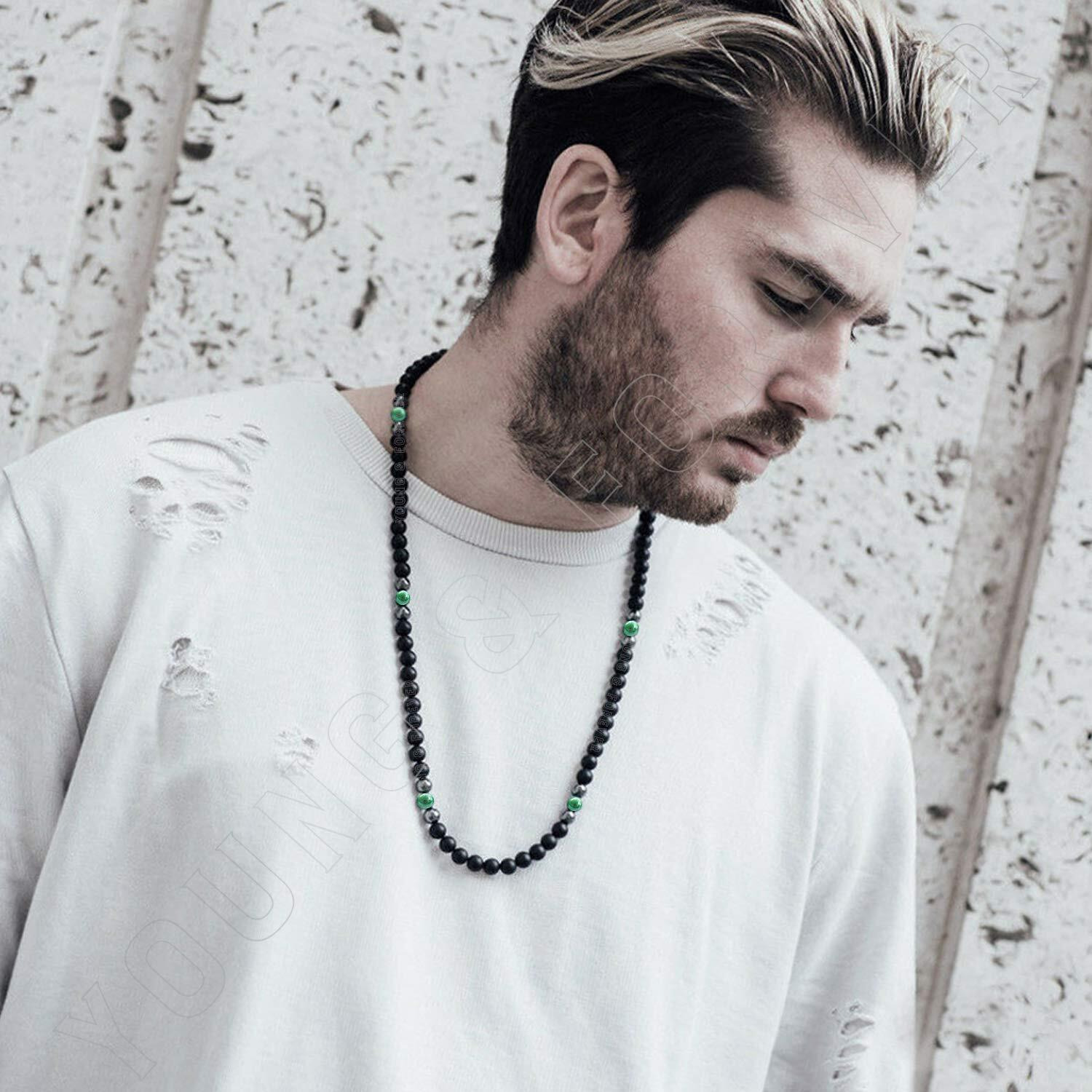 Young & Forever Gift Dvine Spiritual Natural Semi Precious Stone Jewellery Necklace Green Tiger Eye Onyx Hematite Reiki Men Necklace Buddha Beads and Men Necklace Long