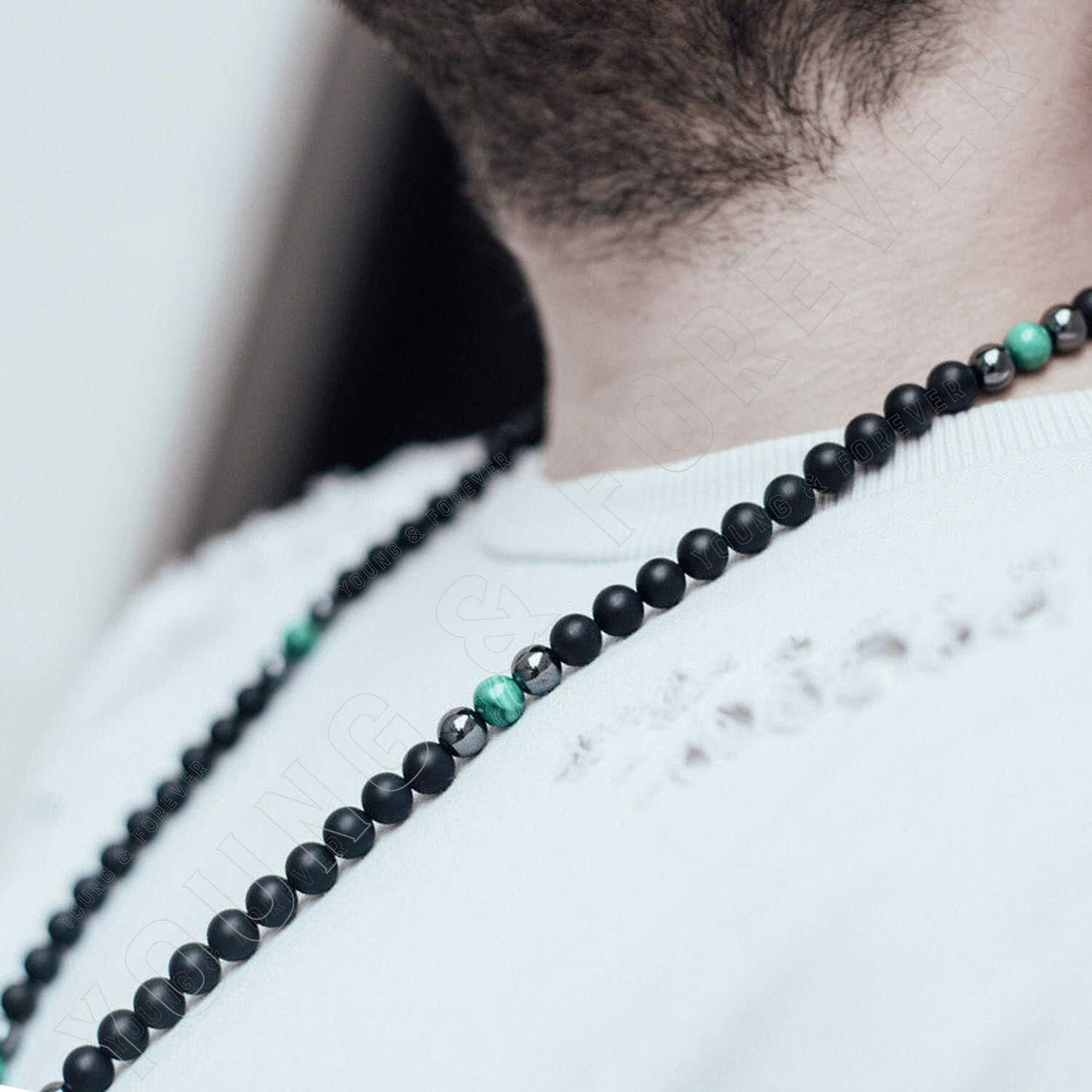 Young & Forever Gift Dvine Spiritual Natural Semi Precious Stone Jewellery Necklace Green Tiger Eye Onyx Hematite Reiki Men Necklace Buddha Beads and Men Necklace Long