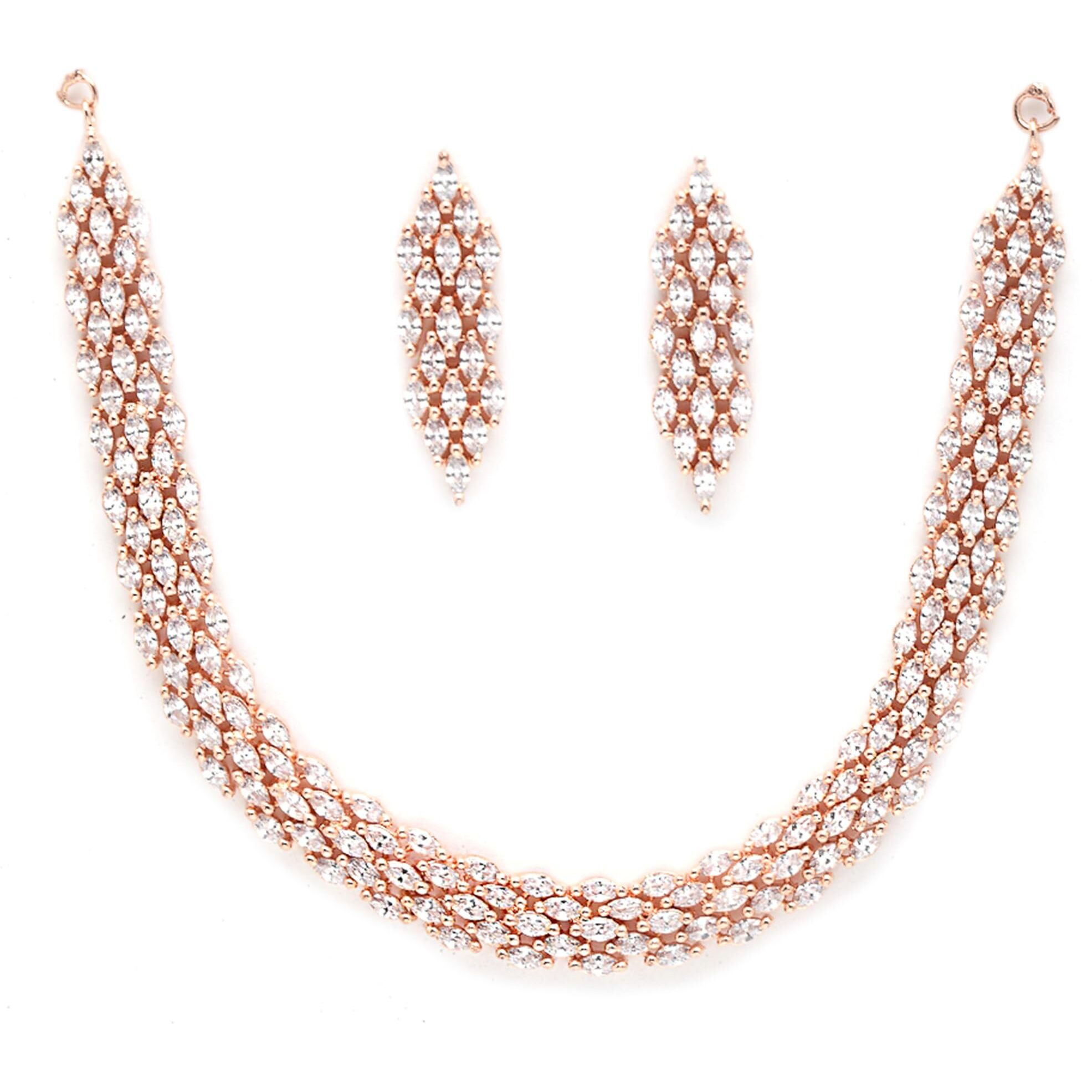 ZENEME Jewellery American Diamond Choker Necklace Set With Earring For Women and Girls (White RoseGold)