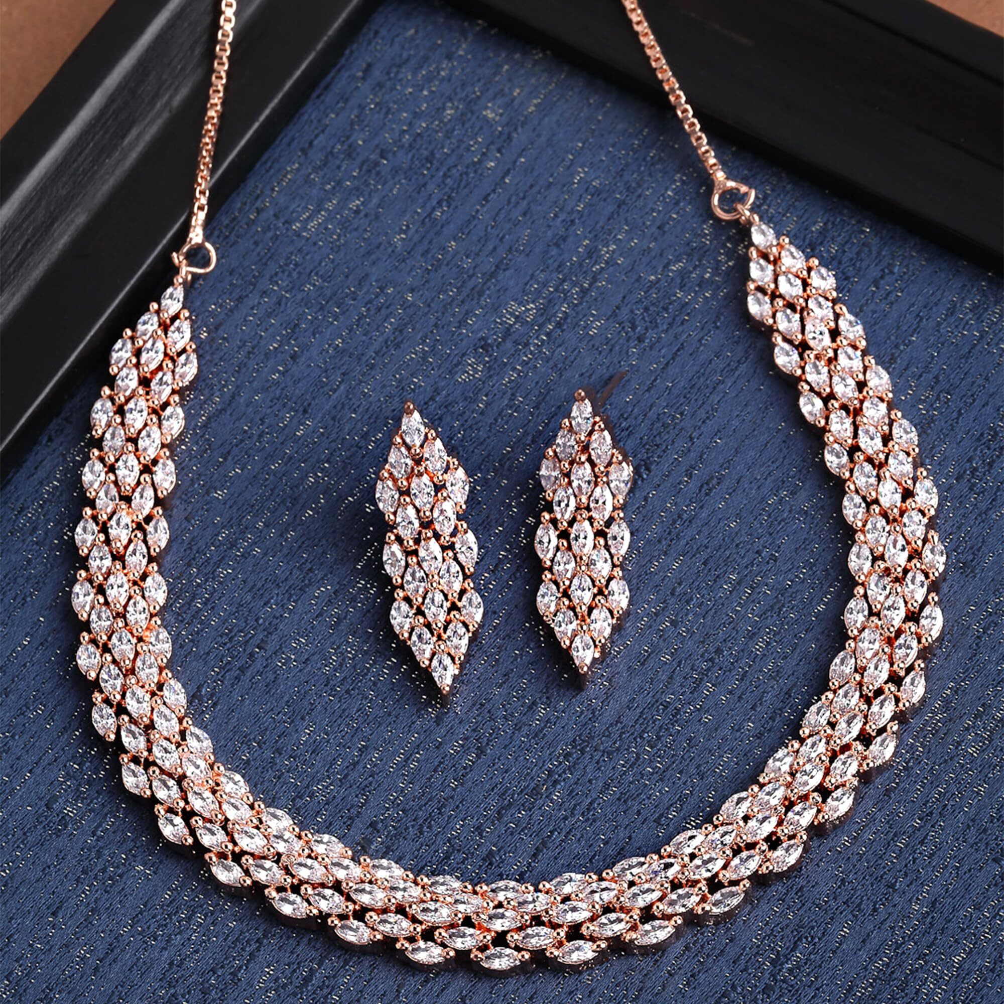 ZENEME Jewellery American Diamond Choker Necklace Set With Earring For Women and Girls (White RoseGold)