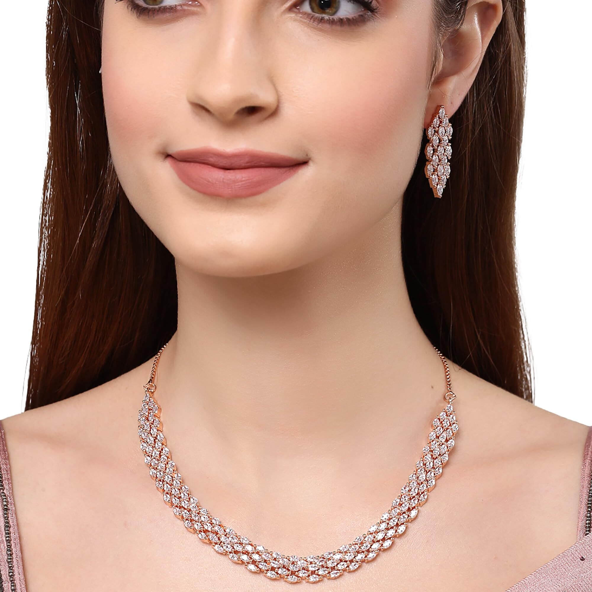 ZENEME Jewellery American Diamond Choker Necklace Set With Earring For Women and Girls (White RoseGold)