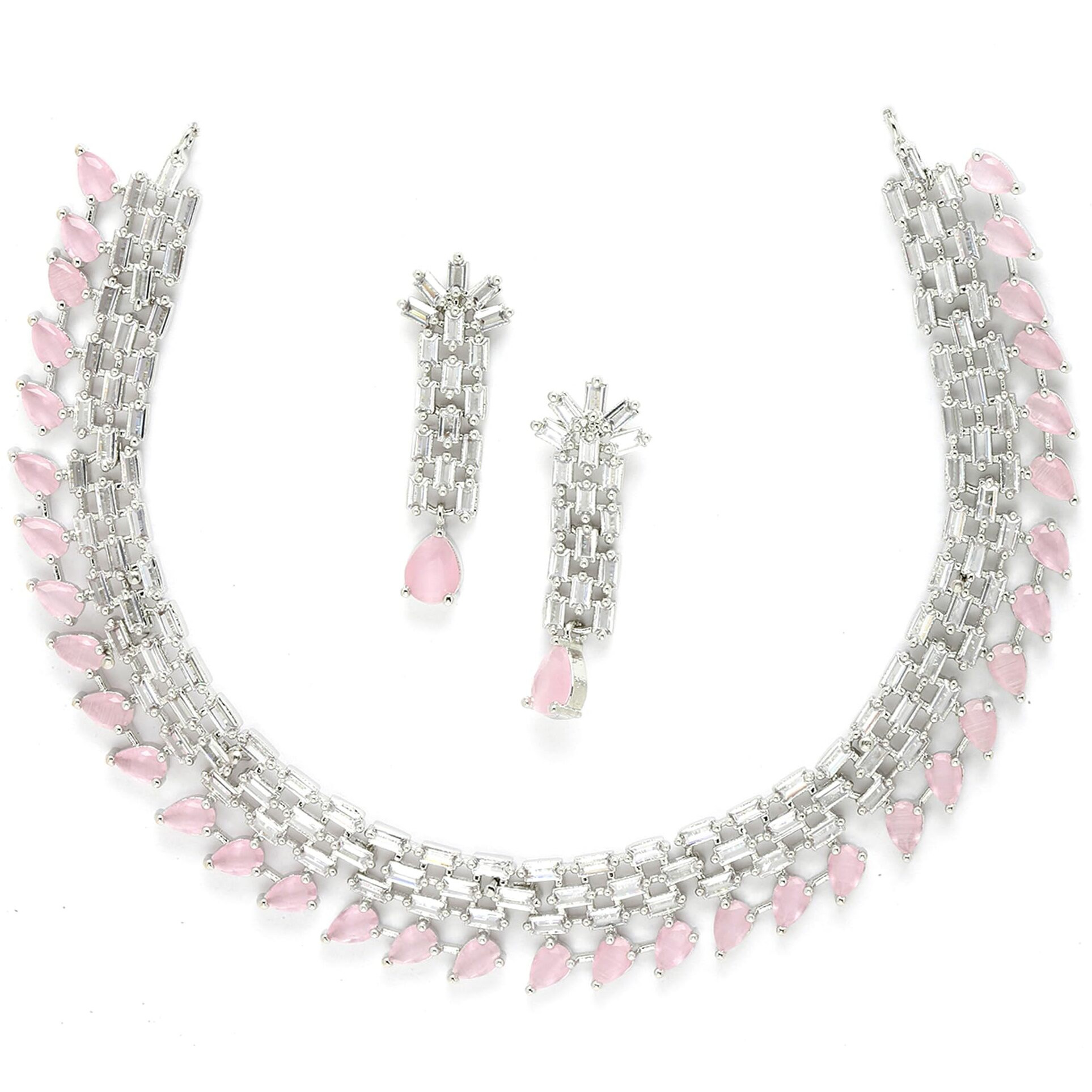 ZENEME Rhodium-Plated Pink and White American Diamond Stone-Studded Necklace with Earrings Jewellery Set for Women & Girls (Pink)