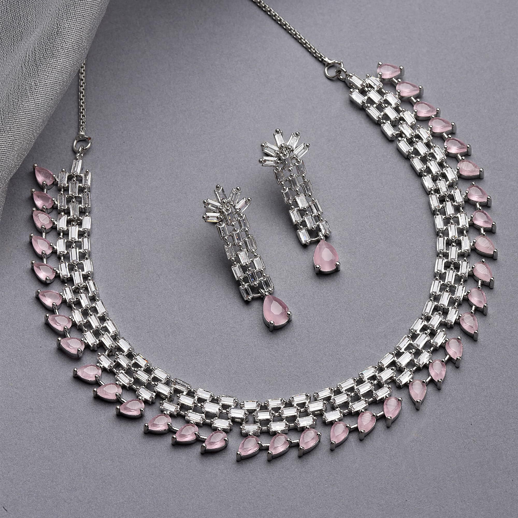 ZENEME Rhodium-Plated Pink and White American Diamond Stone-Studded Necklace with Earrings Jewellery Set for Women & Girls (Pink)