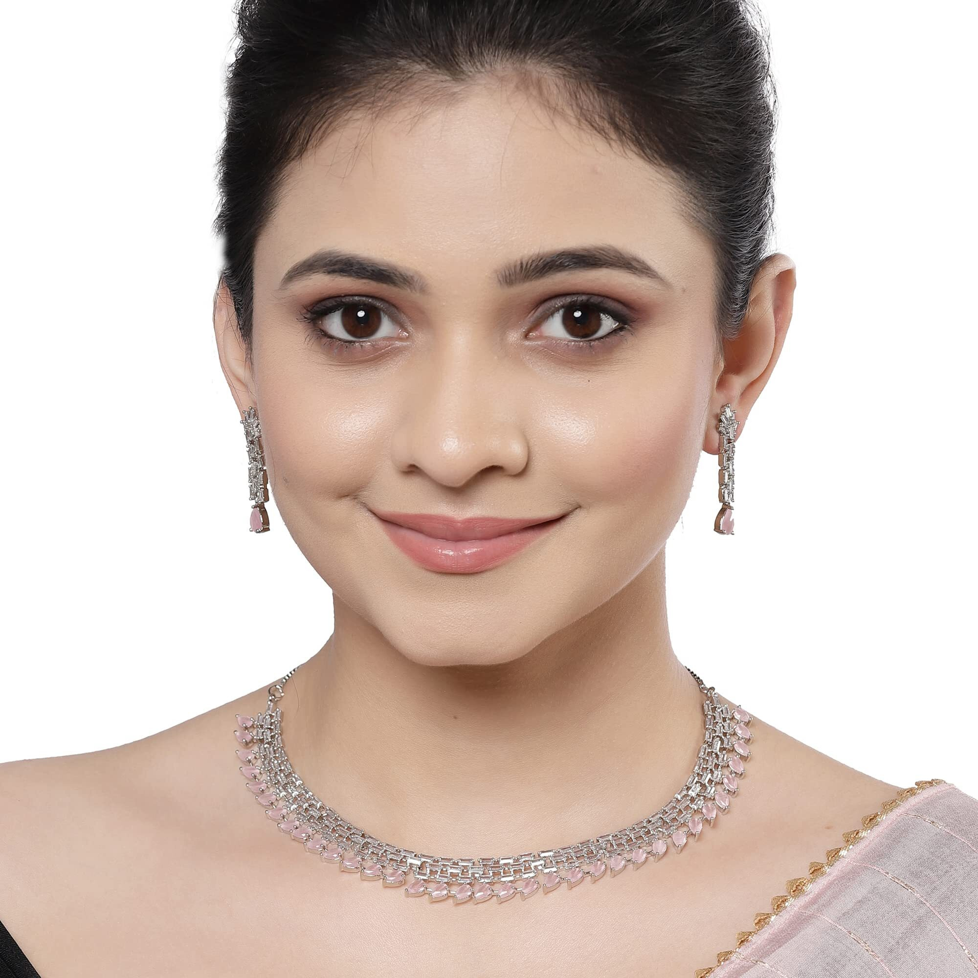 ZENEME Rhodium-Plated Pink and White American Diamond Stone-Studded Necklace with Earrings Jewellery Set for Women & Girls (Pink)