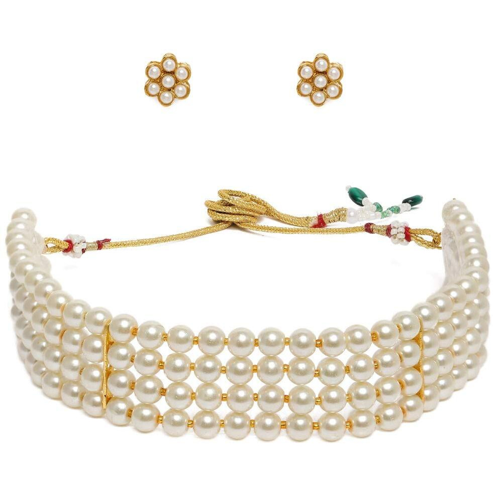 ZAVERI PEARLS Gold Tone Ethnic Multistrand Pearls Choker Necklace & Earring Set For Women-ZPFK10145