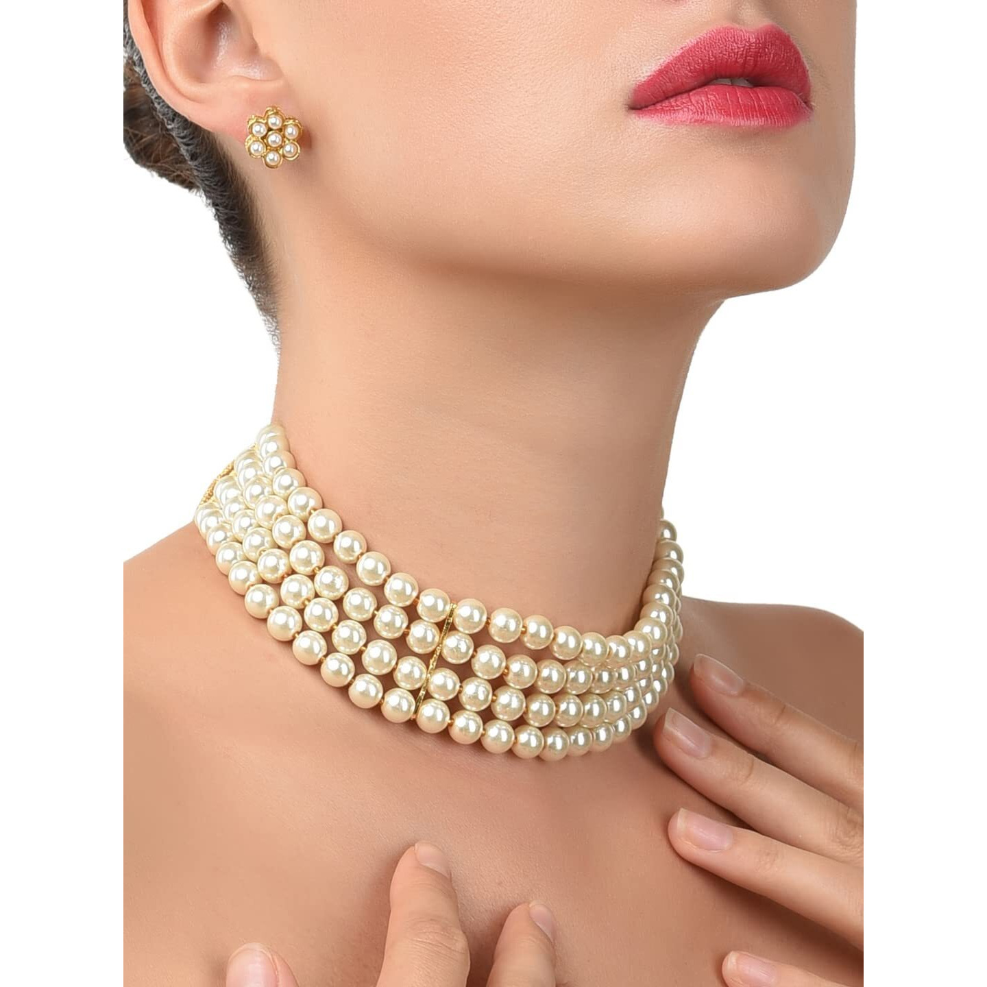 ZAVERI PEARLS Gold Tone Ethnic Multistrand Pearls Choker Necklace & Earring Set For Women-ZPFK10145
