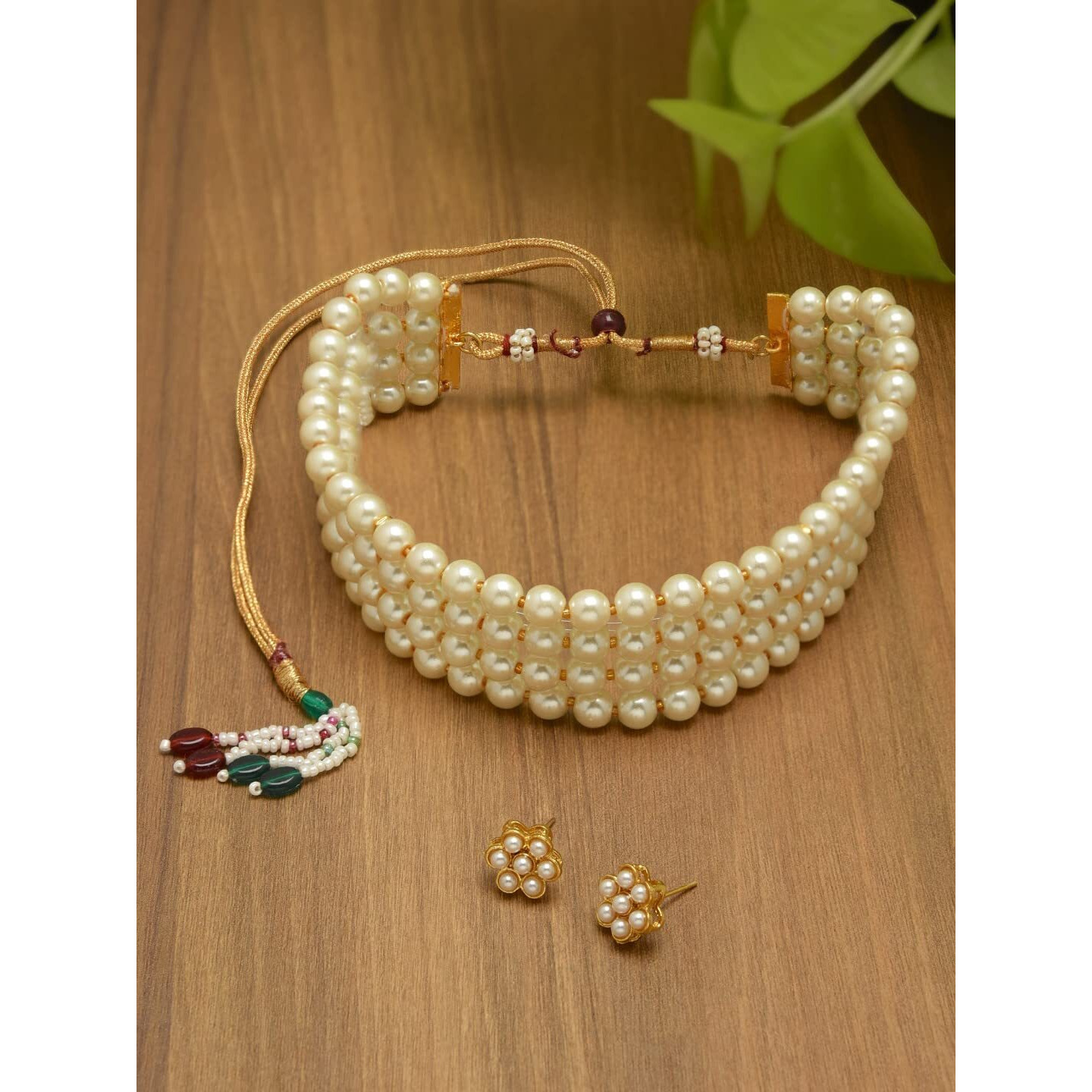 ZAVERI PEARLS Gold Tone Ethnic Multistrand Pearls Choker Necklace & Earring Set For Women-ZPFK10145