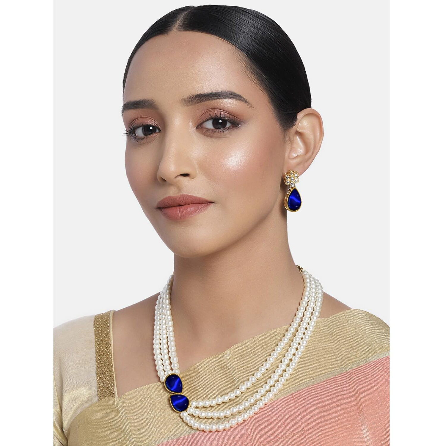 Peora Pearl Mala Blue Necklace & Earrings for Women Girls Traditional Ethnic Jewellery Set