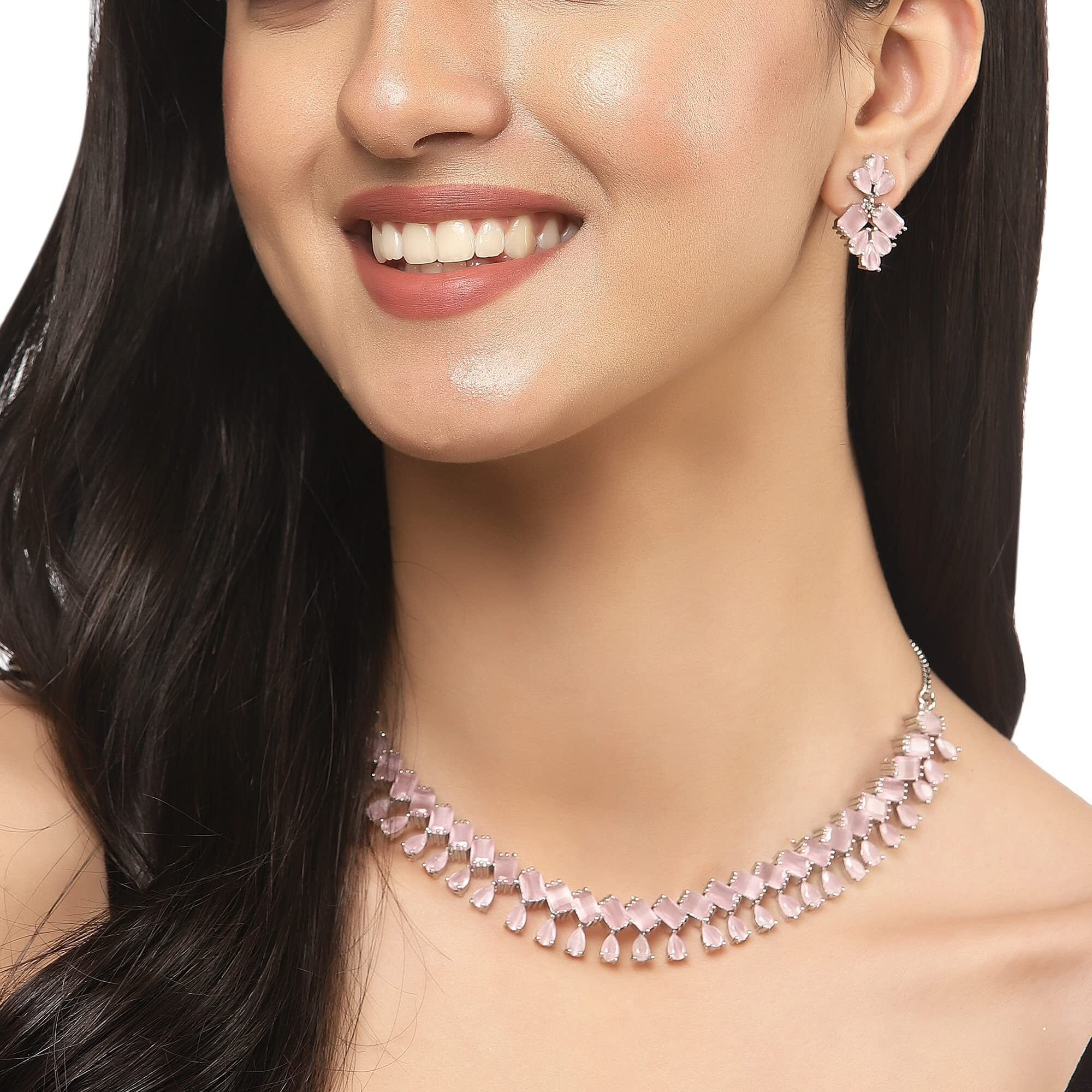 ZENEME Rhodium-Plated Silver Toned Pear Shaped American Diamond Studded Necklace with Earrings Jewellery Set with Girls and Women (Pink)