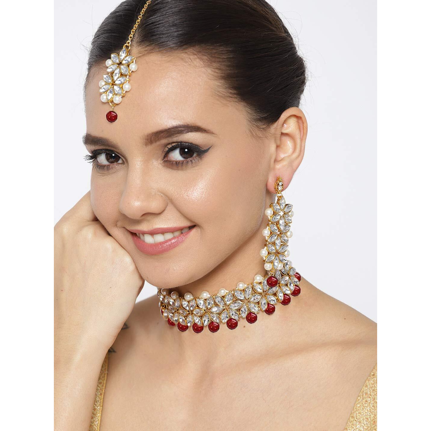 YouBella Jewellery Sets for Women Gold Plated Wedding Bridal Necklace Jewellery set with Earrings For Girls/Women (Red)