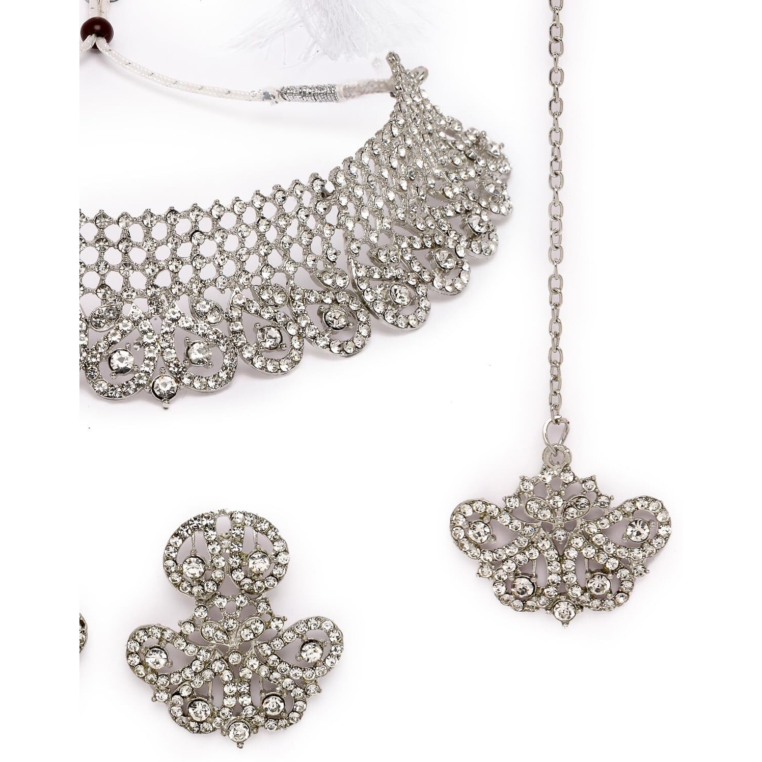 Sukkhi Stylish Shiny Rhodium Plated Silver AD Stones Choker Necklace Set With Earring And Maangtika | Jewellery Set For Women (NS105607)