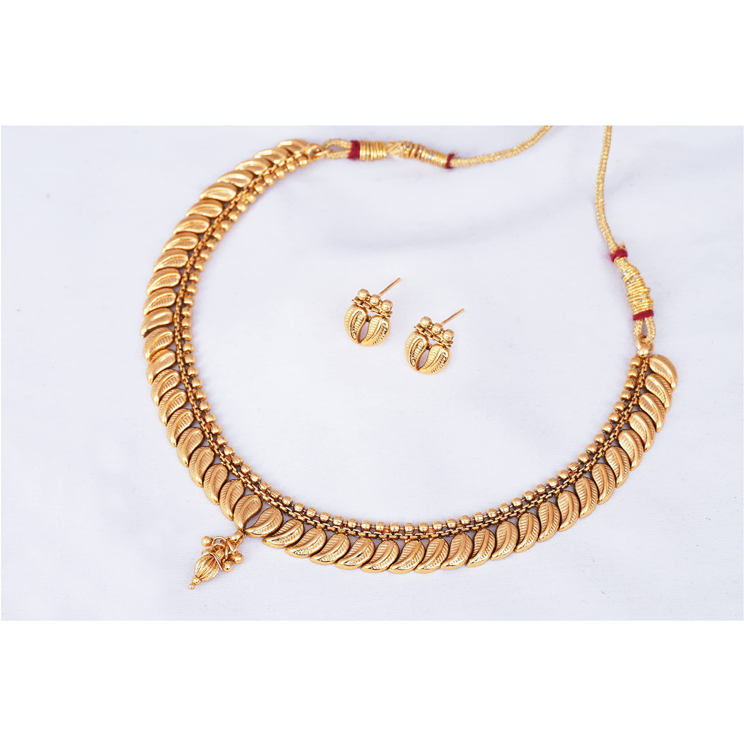 JFL - Jewellery for Less one gram Gold Plated Traditional Leaf design Necklace with Earring and Adjustable Thread for Women and Girls