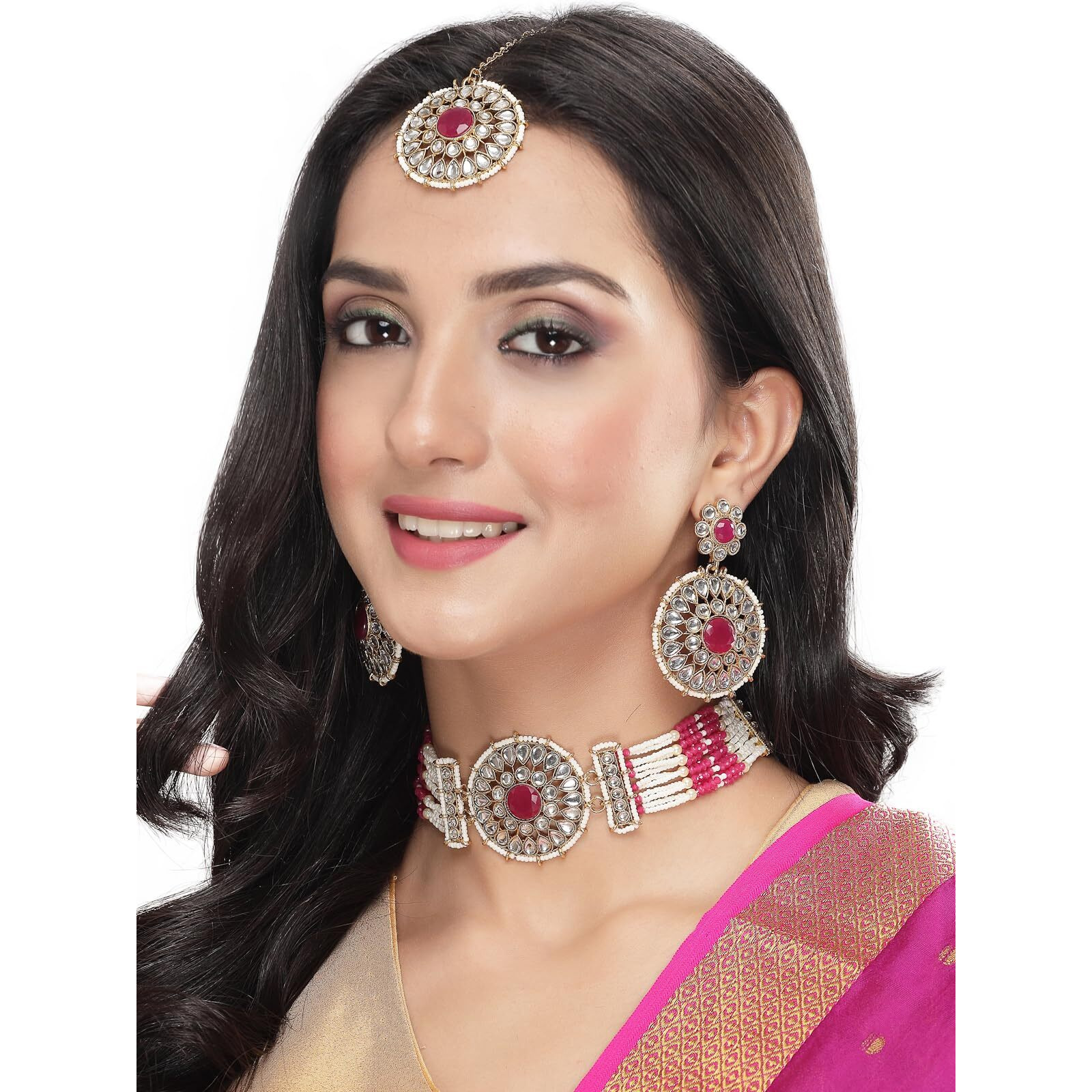 Sukkhi Decorative Round Shaped Rani Pink Kundan & Beads Choker Necklace Set With Earring And Maangtika | Jewellery Set For Women (NS105501)