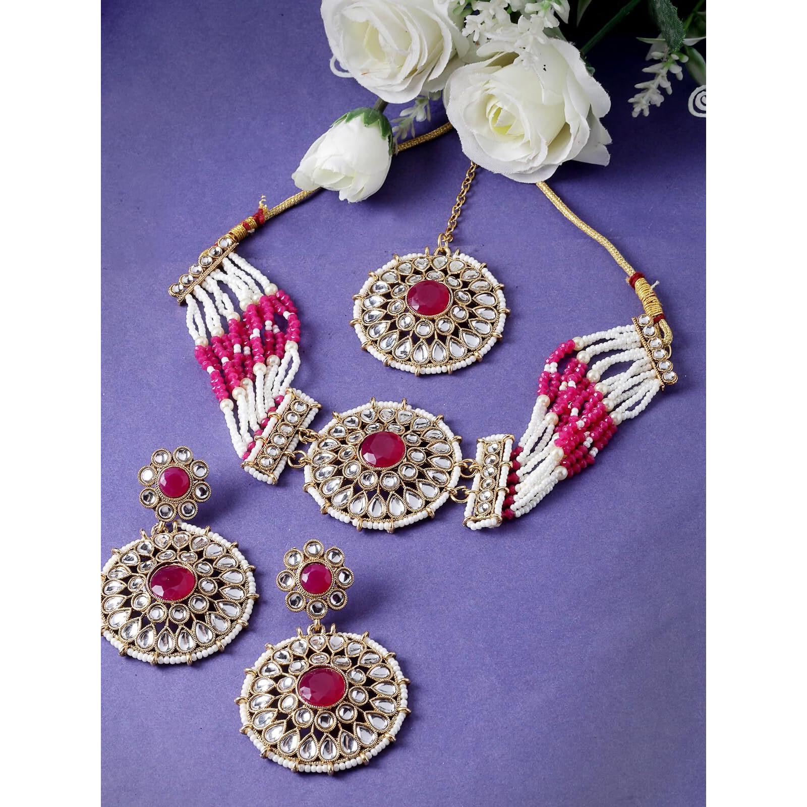 Sukkhi Decorative Round Shaped Rani Pink Kundan & Beads Choker Necklace Set With Earring And Maangtika | Jewellery Set For Women (NS105501)