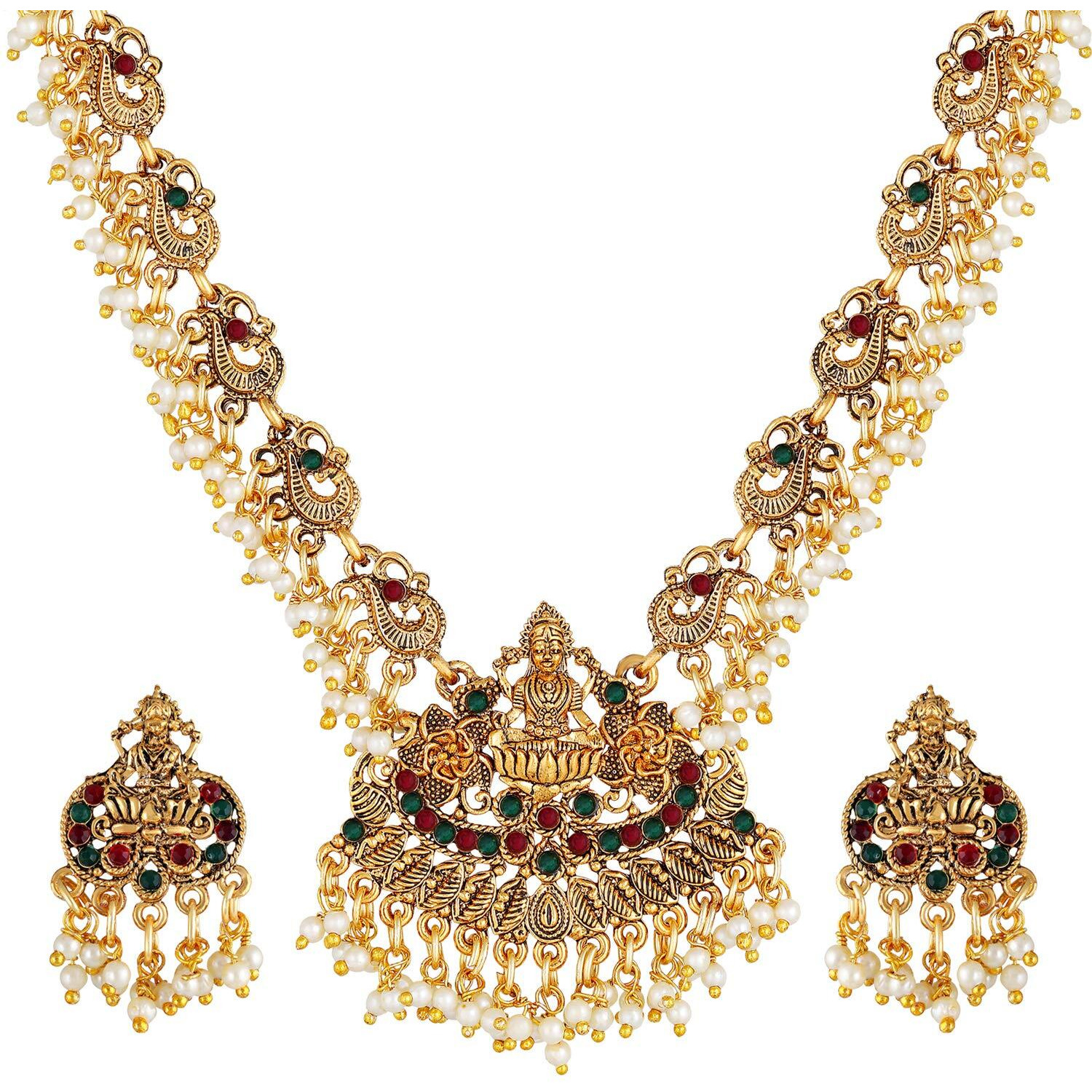 Shining Diva Fashion Latest Temple Design Pearl Necklace Traditional Gold Plated Jewellery Set for Women (Design4) (rrsd10588s)