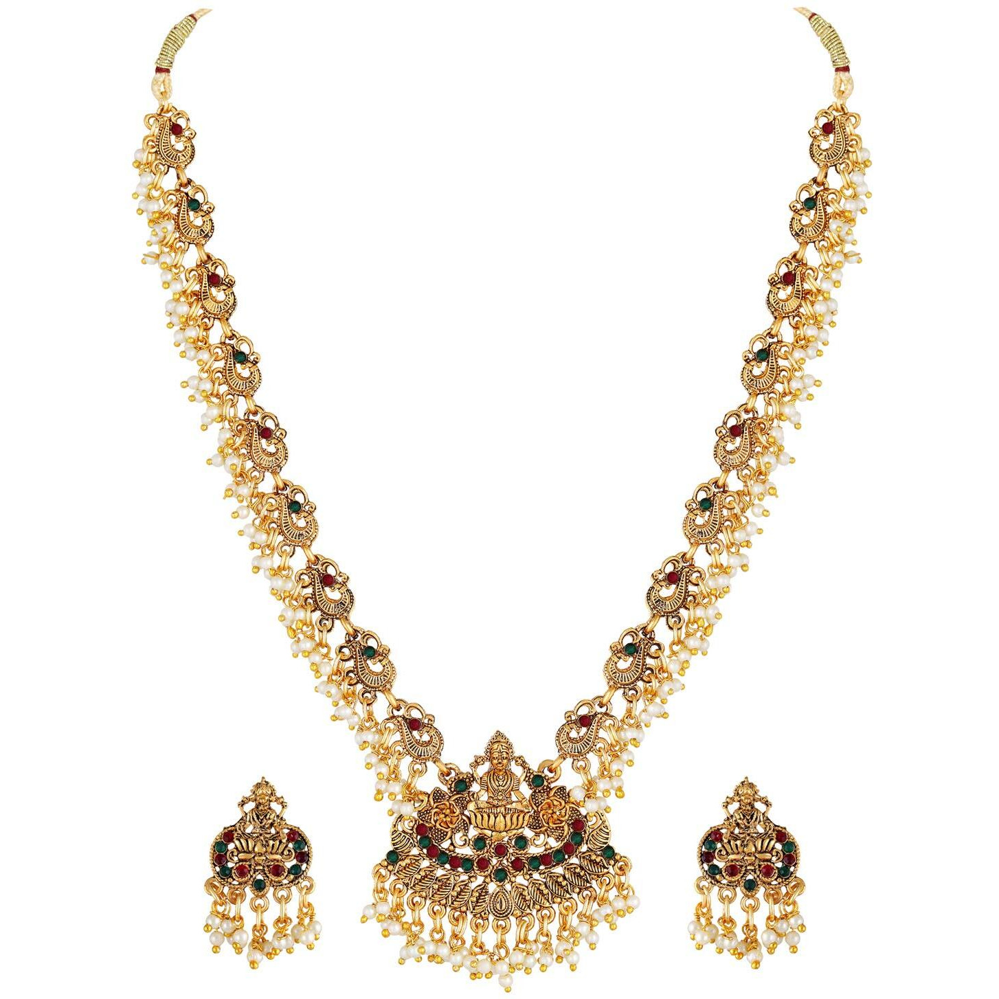 Shining Diva Fashion Latest Temple Design Pearl Necklace Traditional Gold Plated Jewellery Set for Women (Design4) (rrsd10588s)