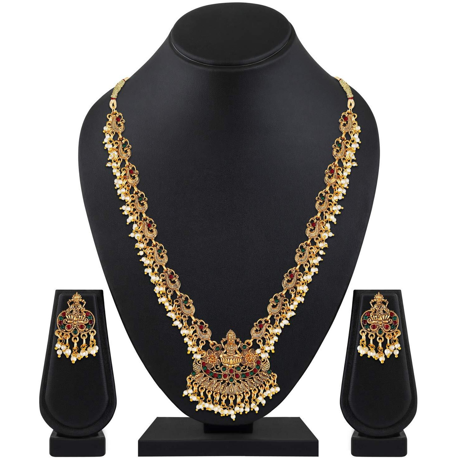 Shining Diva Fashion Latest Temple Design Pearl Necklace Traditional Gold Plated Jewellery Set for Women (Design4) (rrsd10588s)