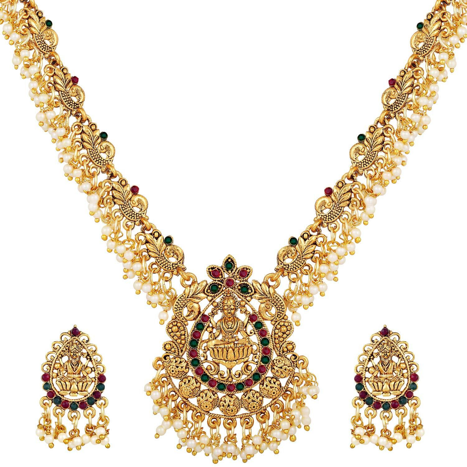 Shining Diva Fashion Latest Temple Design Pearl Necklace Set for Women Traditional Gold Plated Jewellery Set for Women (Multicolor) (10584s)