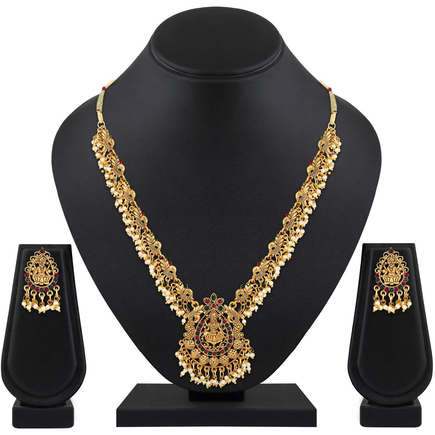 Shining Diva Fashion Latest Temple Design Pearl Necklace Set for Women Traditional Gold Plated Jewellery Set for Women (Multicolor) (10584s)