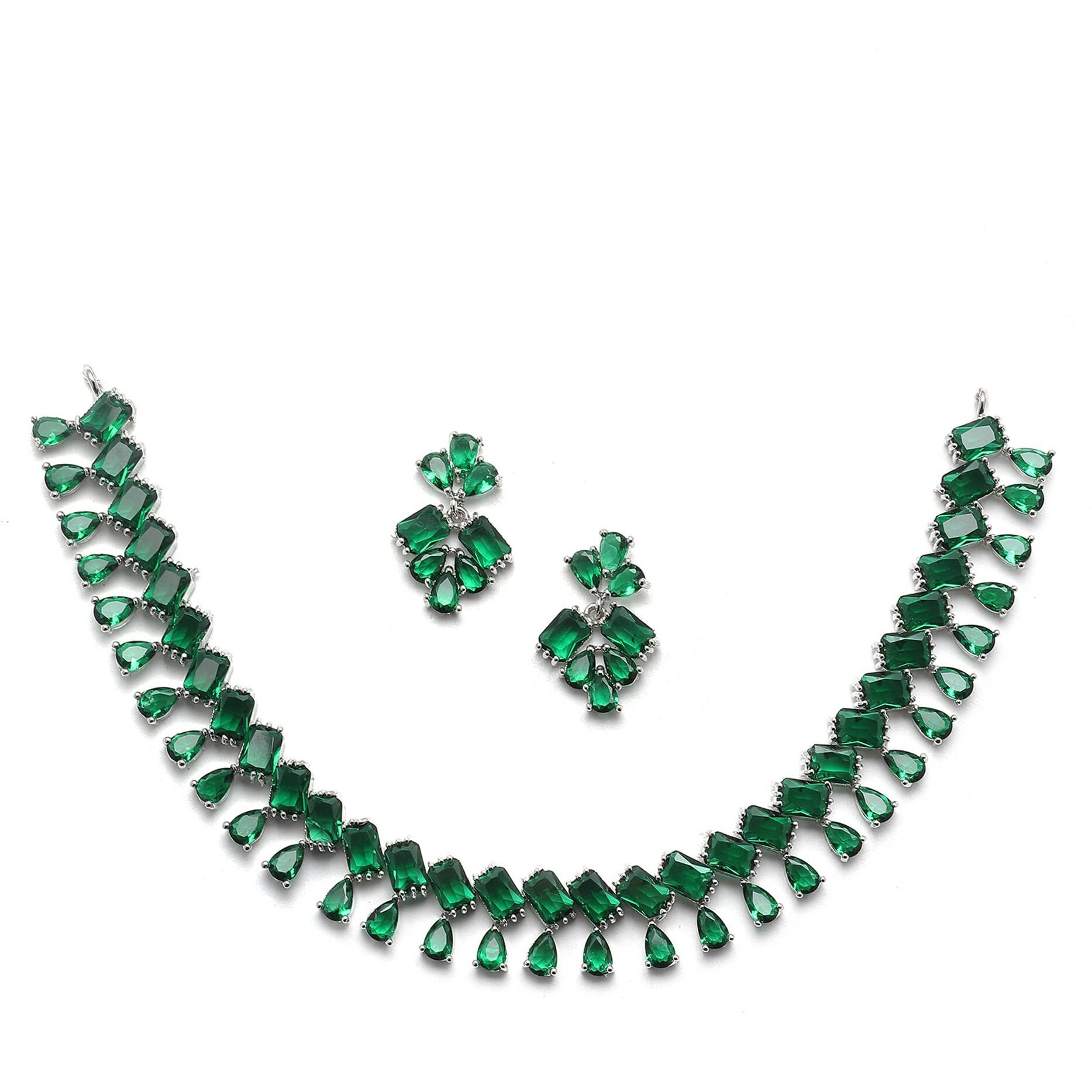 ZENEME Rhodium-Plated Silver Toned Pear Shaped American Diamond Studded Necklace with Earrings Jewellery Set with Girls and Women (Green)