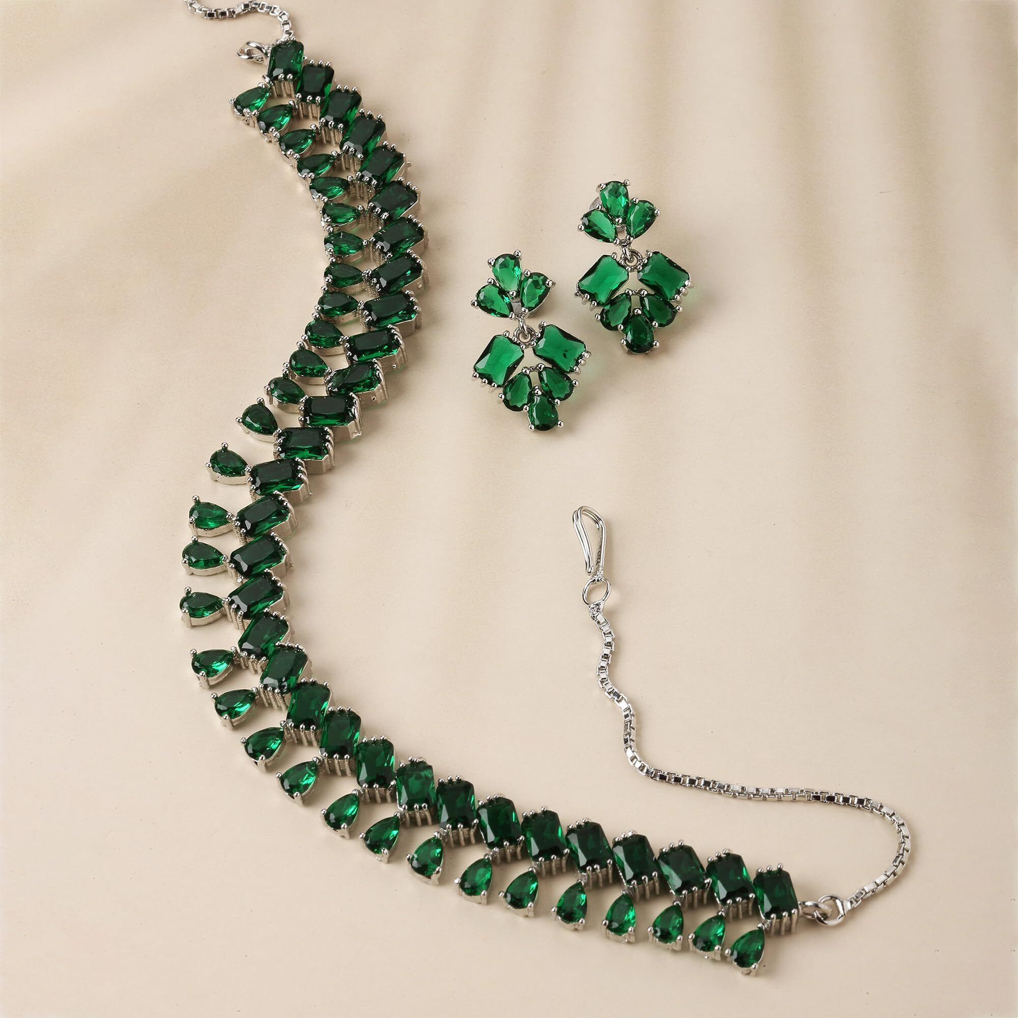 ZENEME Rhodium-Plated Silver Toned Pear Shaped American Diamond Studded Necklace with Earrings Jewellery Set with Girls and Women (Green)