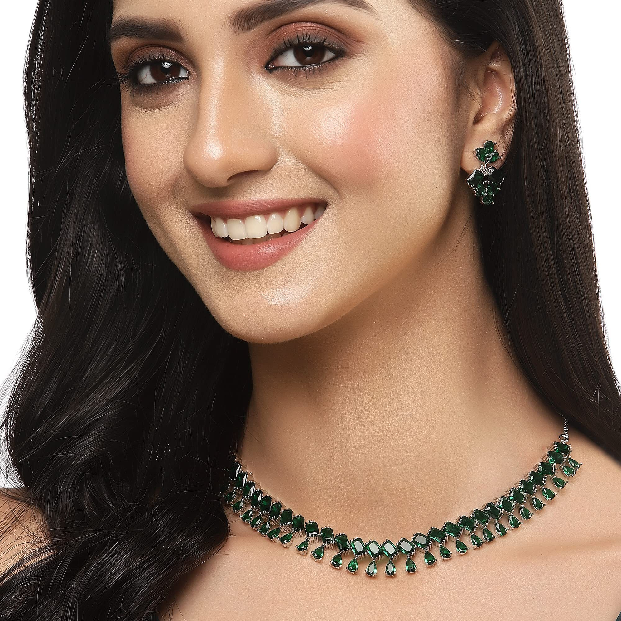 ZENEME Rhodium-Plated Silver Toned Pear Shaped American Diamond Studded Necklace with Earrings Jewellery Set with Girls and Women (Green)