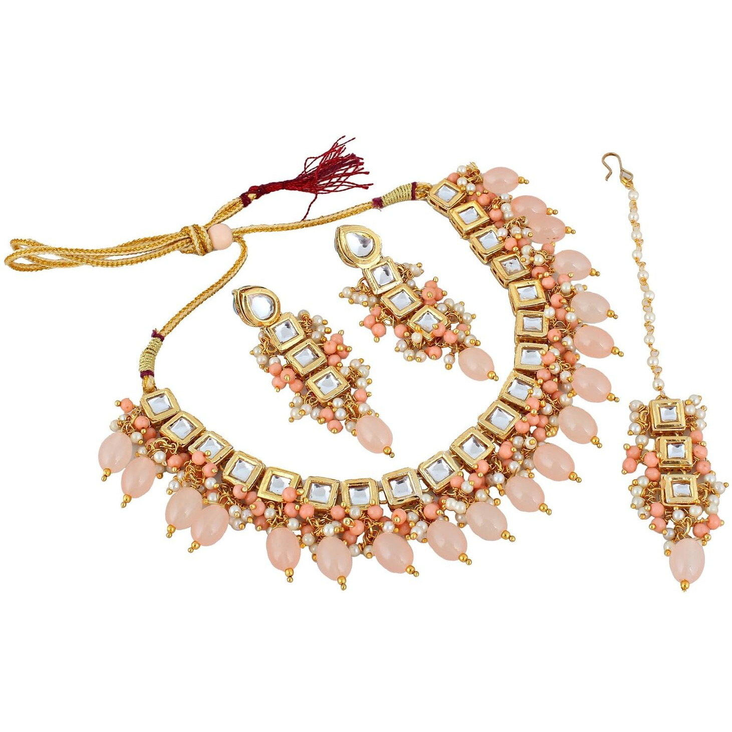 LUCKY JEWELLERY Back Meenakari 18k Gold Plated Peach Color Square Shape Tika Earring Combo Jewellery Set Uncut Kundan Big Faux Kundan Dibbi Kundan Choker Necklace Set for Girls & Women