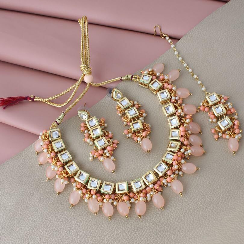 LUCKY JEWELLERY Back Meenakari 18k Gold Plated Peach Color Square Shape Tika Earring Combo Jewellery Set Uncut Kundan Big Faux Kundan Dibbi Kundan Choker Necklace Set for Girls & Women