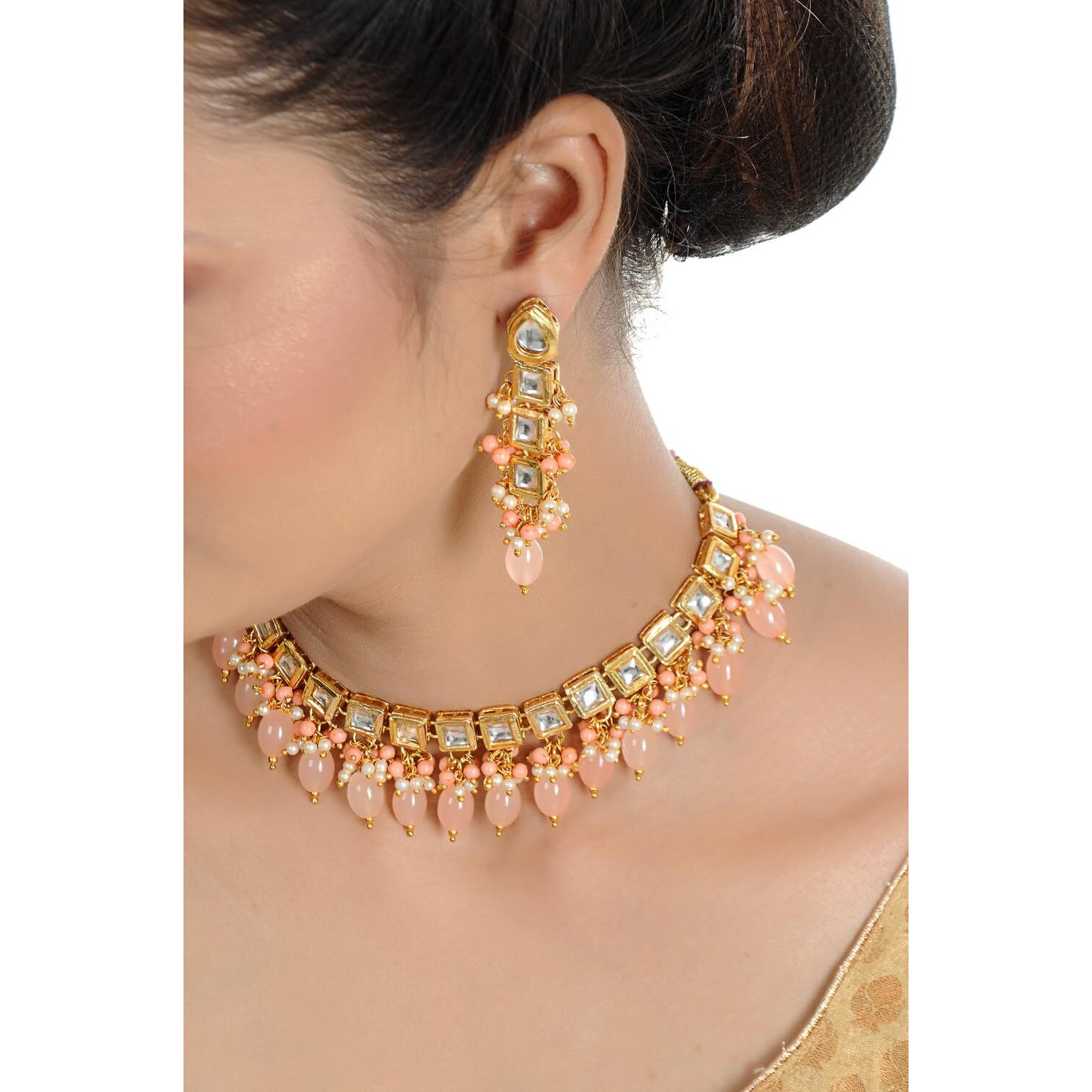 LUCKY JEWELLERY Back Meenakari 18k Gold Plated Peach Color Square Shape Tika Earring Combo Jewellery Set Uncut Kundan Big Faux Kundan Dibbi Kundan Choker Necklace Set for Girls & Women