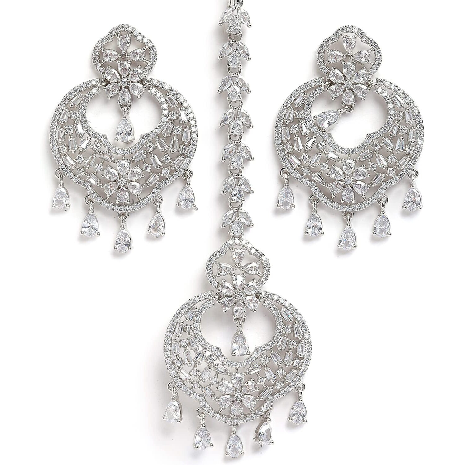 ZENEME Stylish Shiny Round Design Rodhium-Plated Maang Tikka Earring Set Jewellery For Women and Girls (Design 3)
