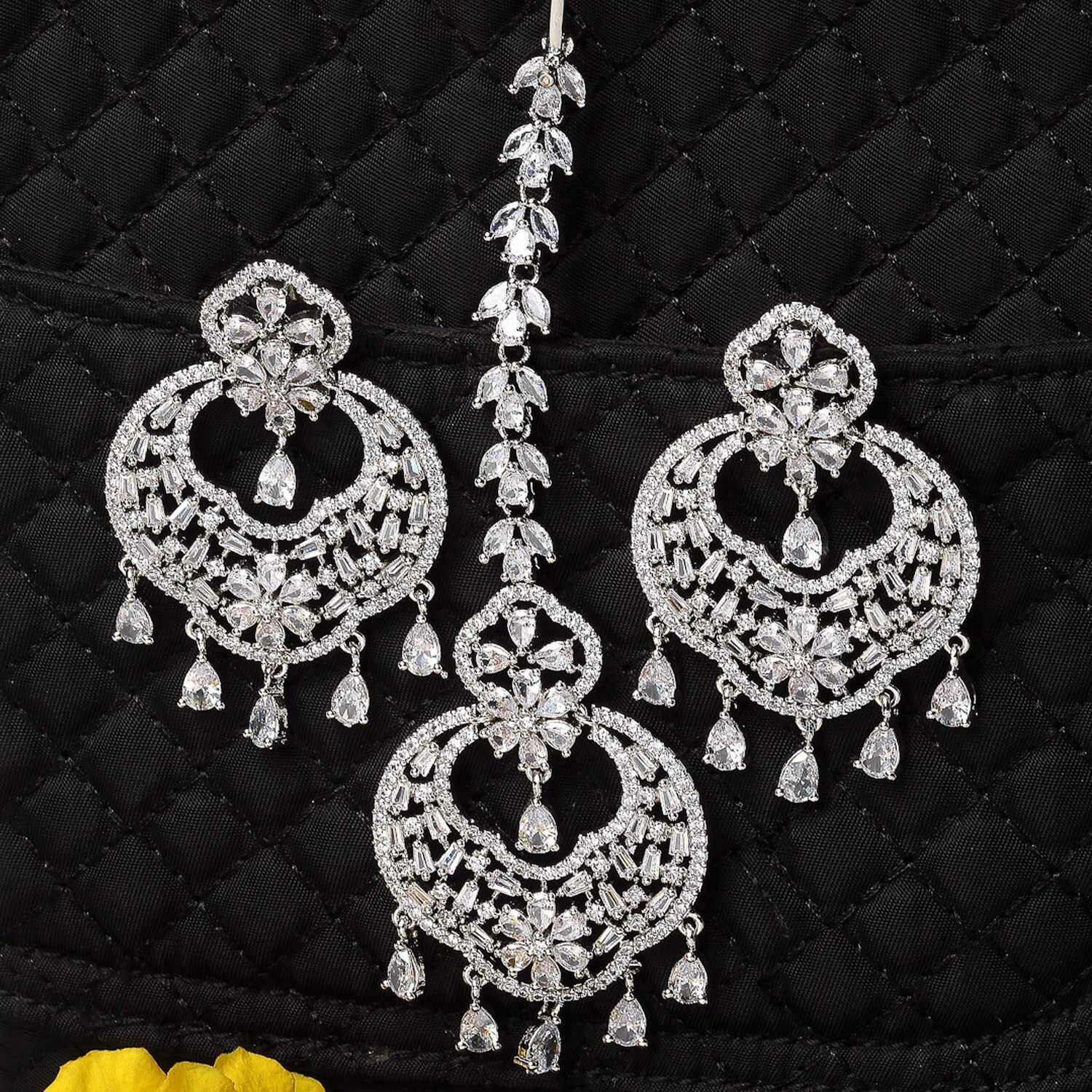 ZENEME Stylish Shiny Round Design Rodhium-Plated Maang Tikka Earring Set Jewellery For Women and Girls (Design 3)