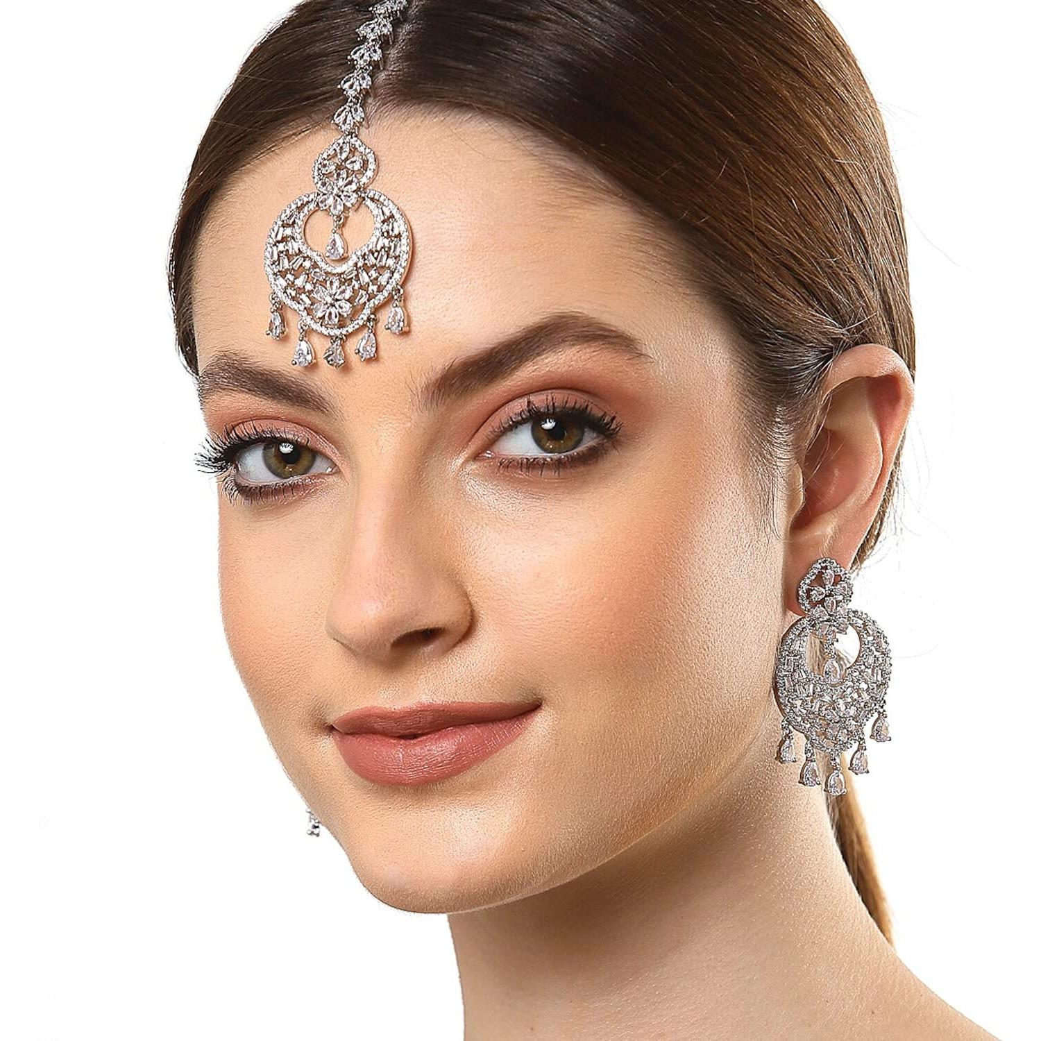 ZENEME Stylish Shiny Round Design Rodhium-Plated Maang Tikka Earring Set Jewellery For Women and Girls (Design 3)