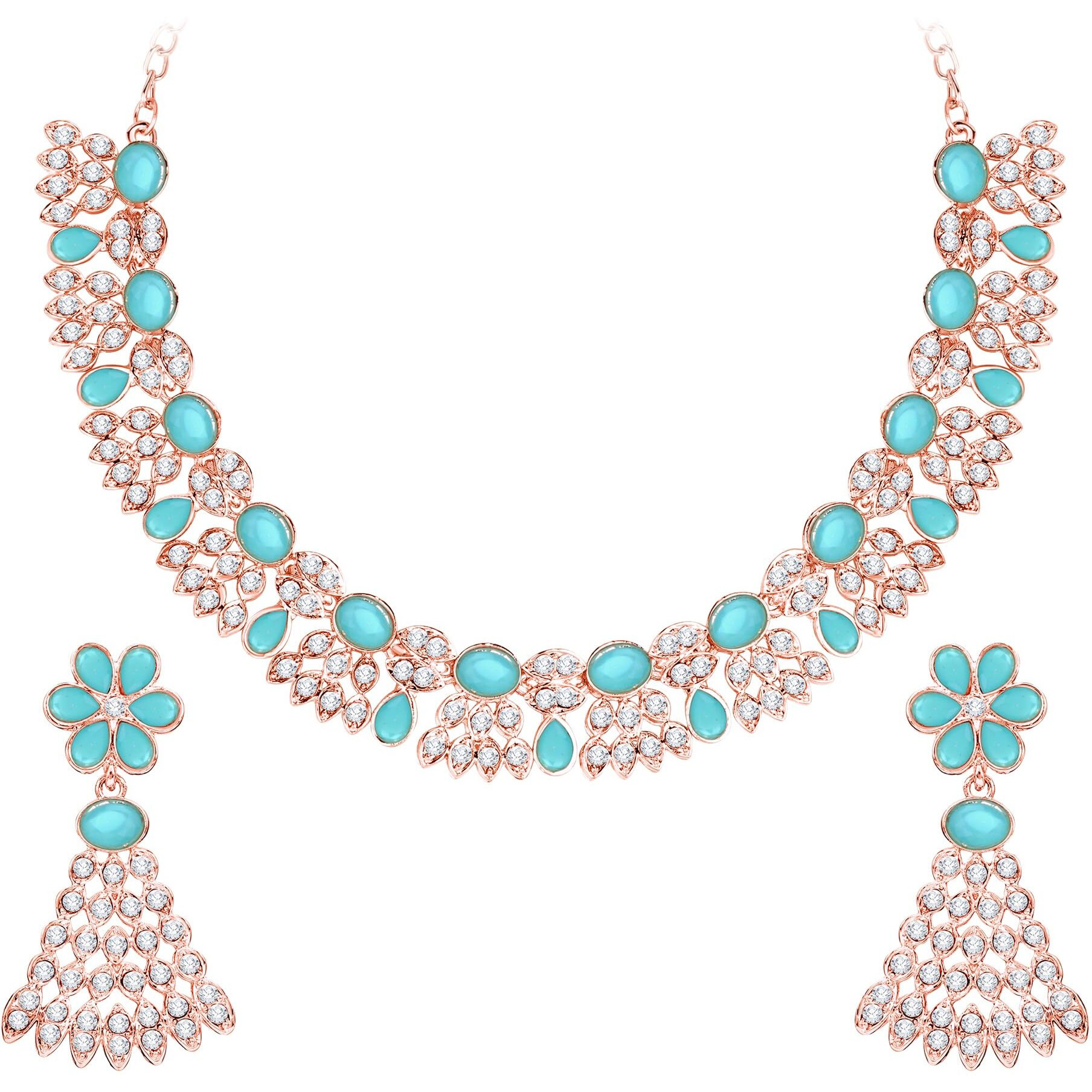 Atasi International Gold Plated Mint Blue Color AD Diamond Necklace Jewellery Set for Women/Girls Suited for Party, Wedding, Engagement (MB5774)
