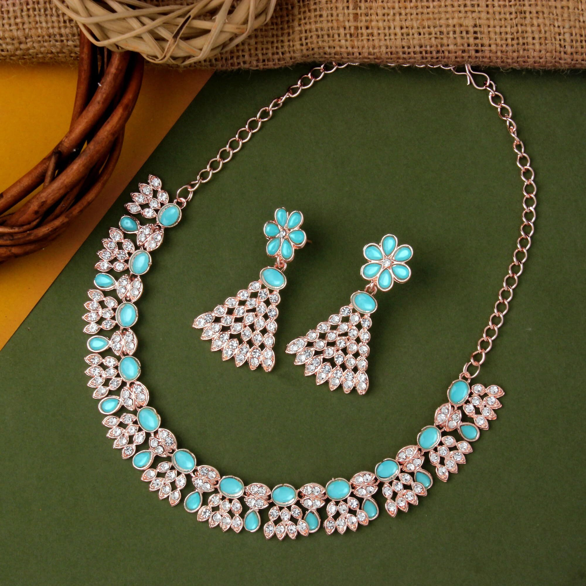 Atasi International Gold Plated Mint Blue Color AD Diamond Necklace Jewellery Set for Women/Girls Suited for Party, Wedding, Engagement (MB5774)