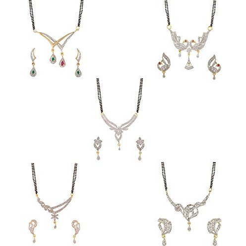 ZENEME White American Diamond Combo Of 4 Mangalsutra With Earrings Set For Women (Design-10)
