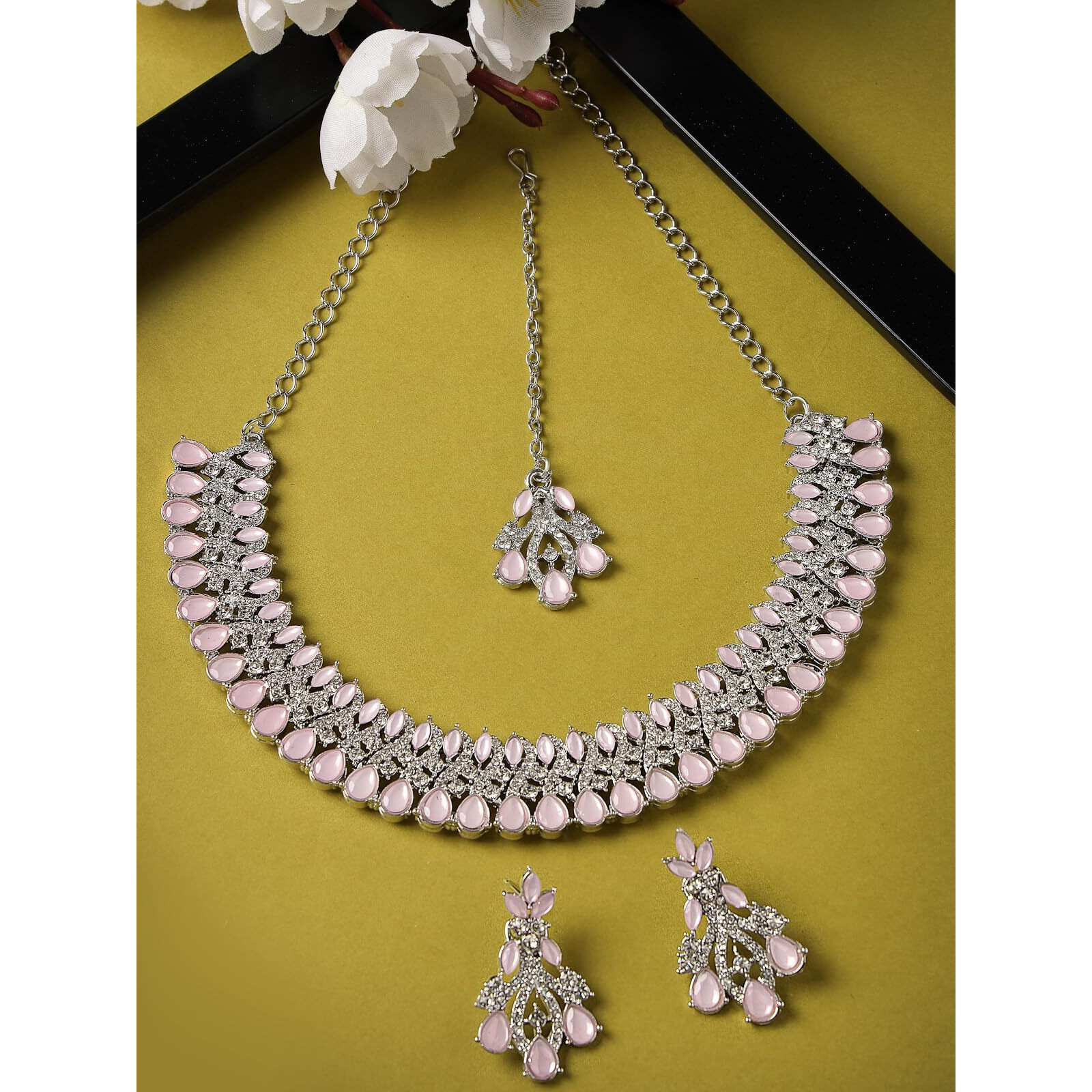 Sukkhi Exquisite Rhodium Plated Pink AD White Stone Collar Bone Necklace Set With Earring And Maangtika | Jewellery Set For Women (NS105621)
