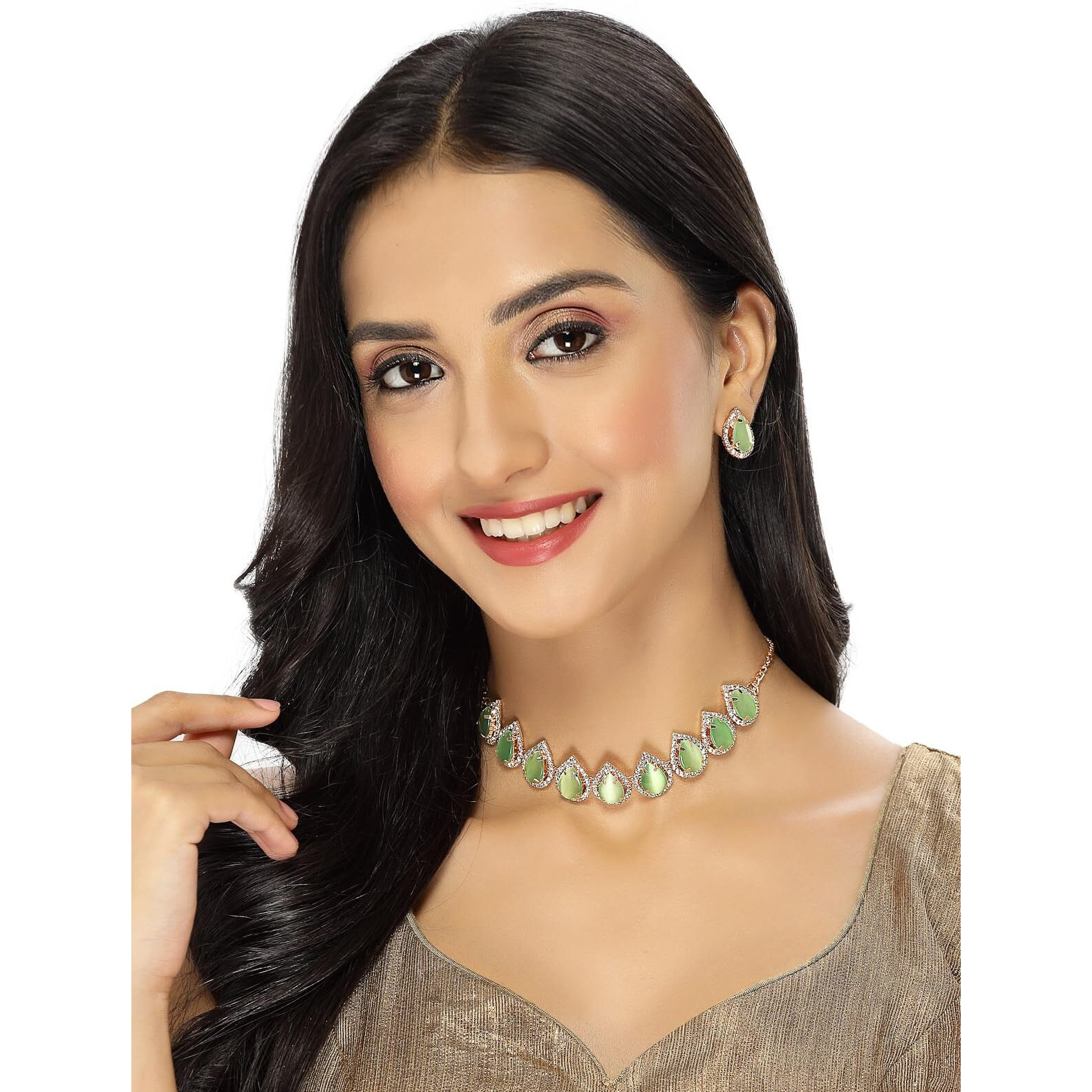 Sukkhi Elaborate Gold-Plated With AD Green Collar Bone Necklace Set With Drop Earrings | Jewellery Jewellery Set For Women (NS105704)