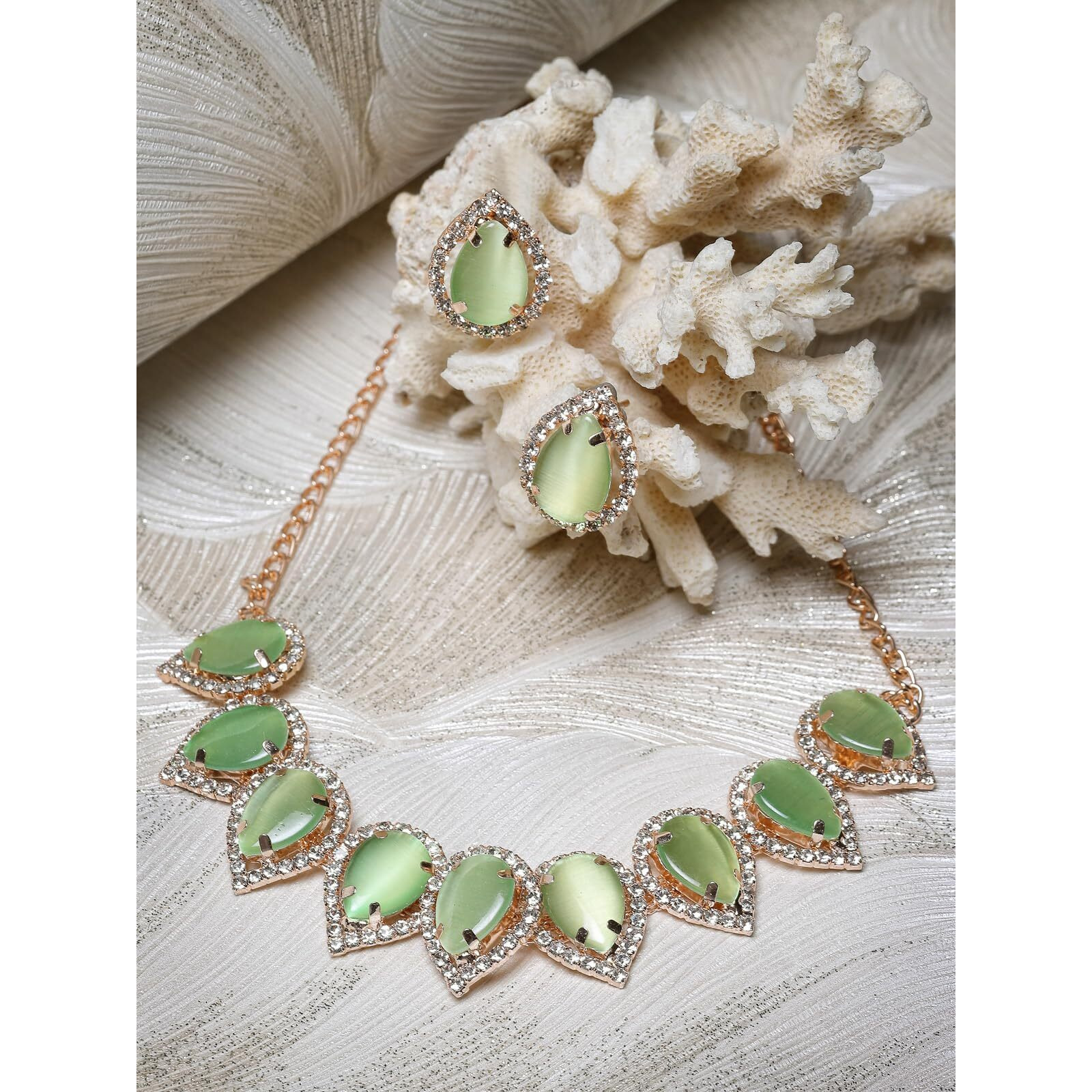 Sukkhi Elaborate Gold-Plated With AD Green Collar Bone Necklace Set With Drop Earrings | Jewellery Jewellery Set For Women (NS105704)