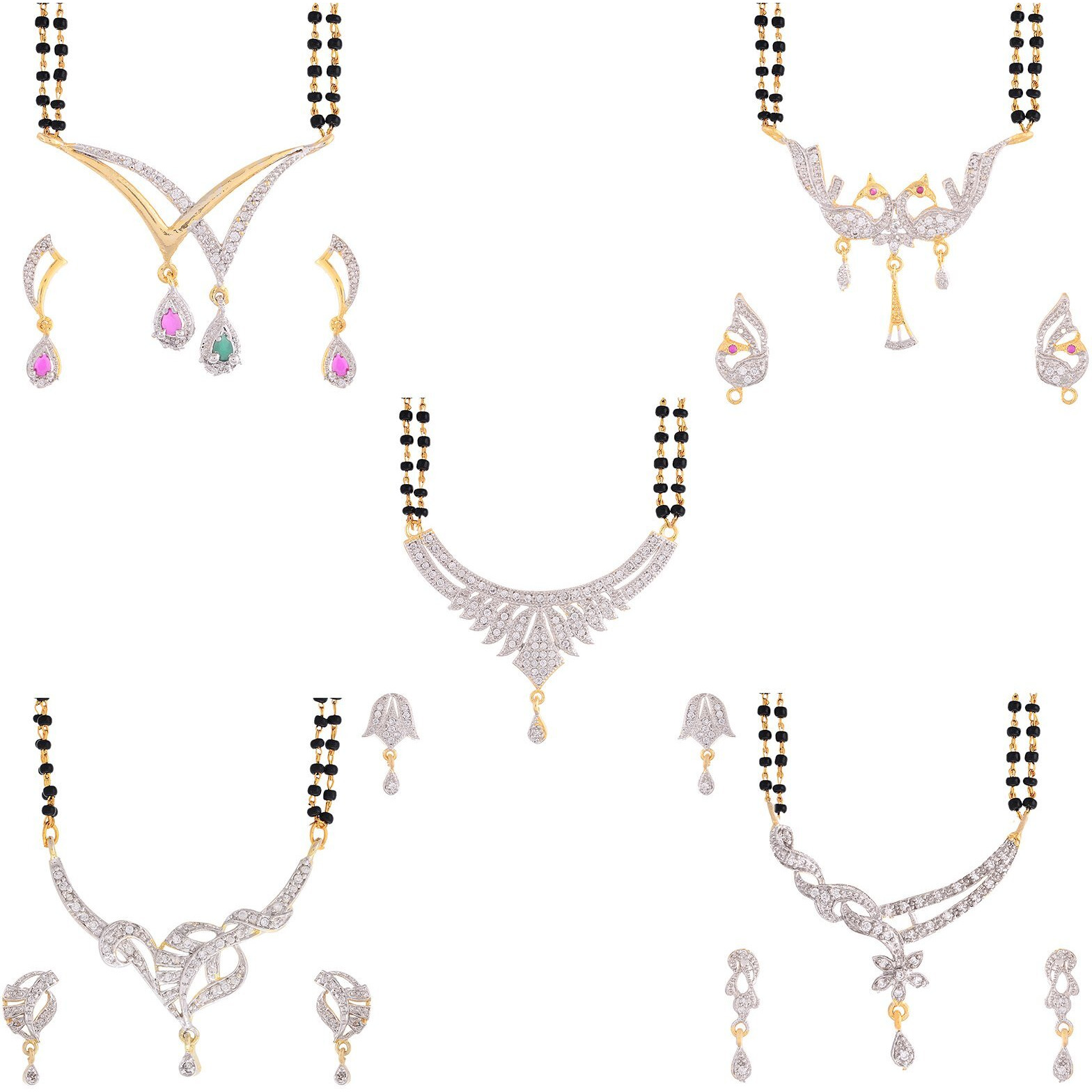 ZENEME White American Diamond Combo Of 4 Mangalsutra With Earrings Set For Women (Design-11)