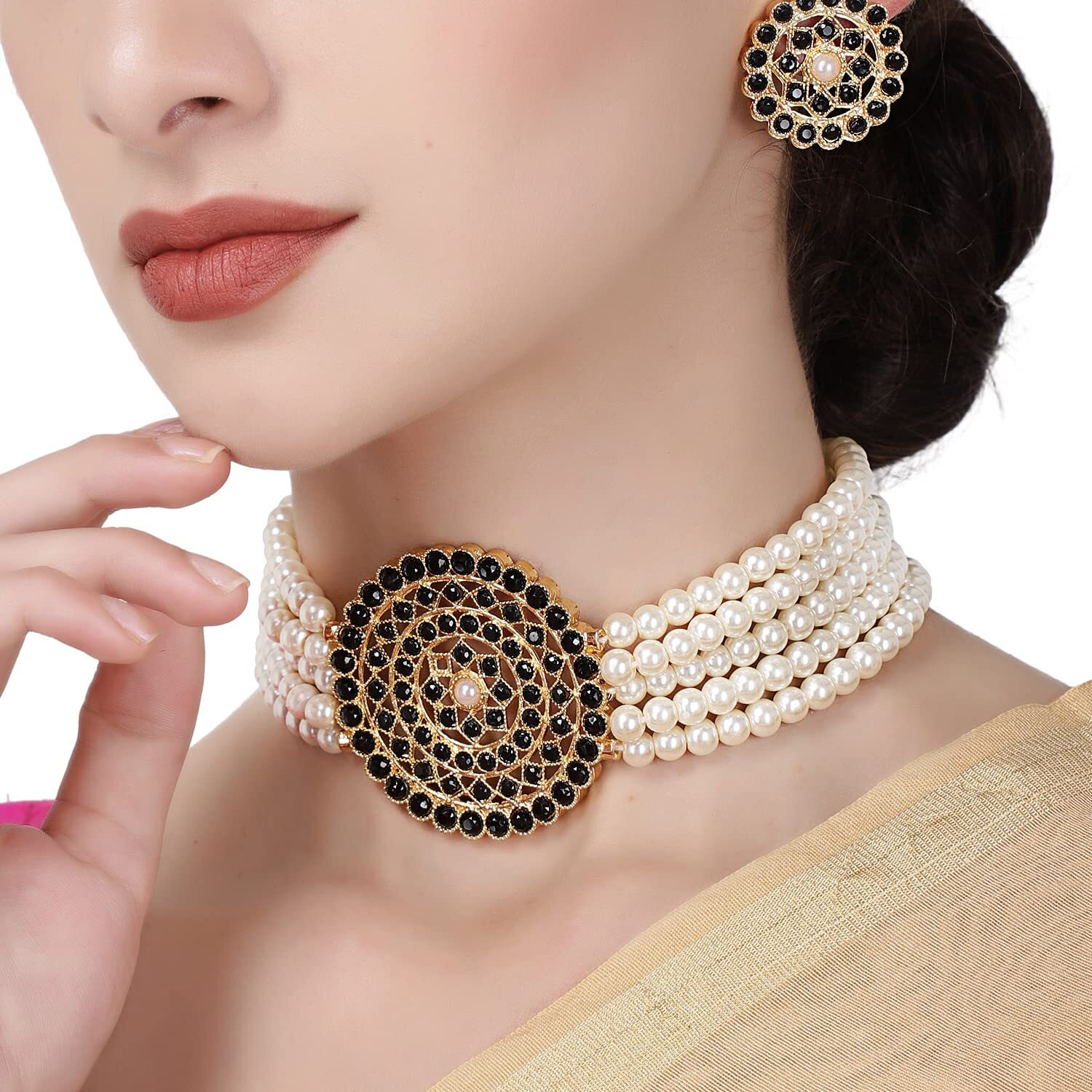 Shining Diva Fashion Latest Choker Design Traditional Stylish Fancy Pearl Necklace Jewellery Set for Women (A12658s), Black White, One