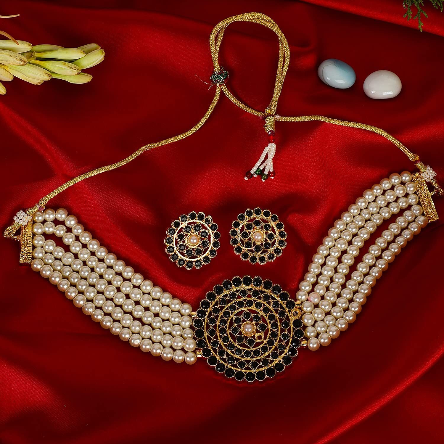 Shining Diva Fashion Latest Choker Design Traditional Stylish Fancy Pearl Necklace Jewellery Set for Women (A12658s), Black White, One