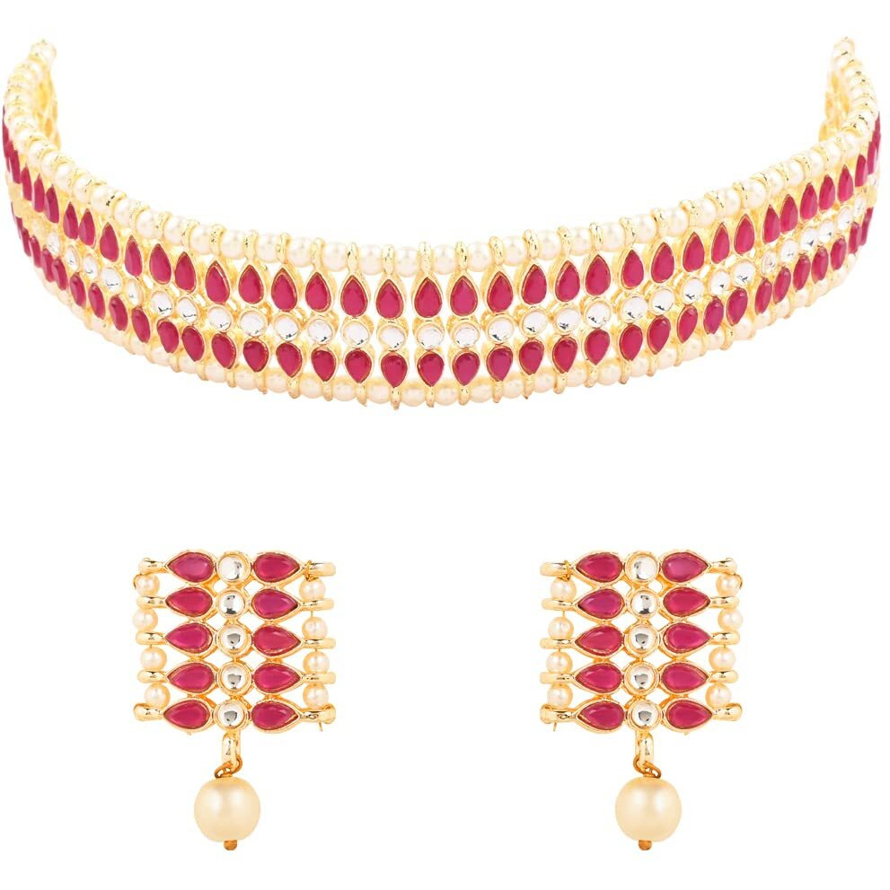 I Jewels Gold Plated Traditional Kundan Pearl Choker Necklace Jewellery Set For Women And Girls (K7209) (Rani Pink)