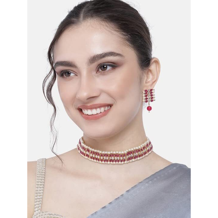 I Jewels Gold Plated Traditional Kundan Pearl Choker Necklace Jewellery Set For Women And Girls (K7209) (Rani Pink)
