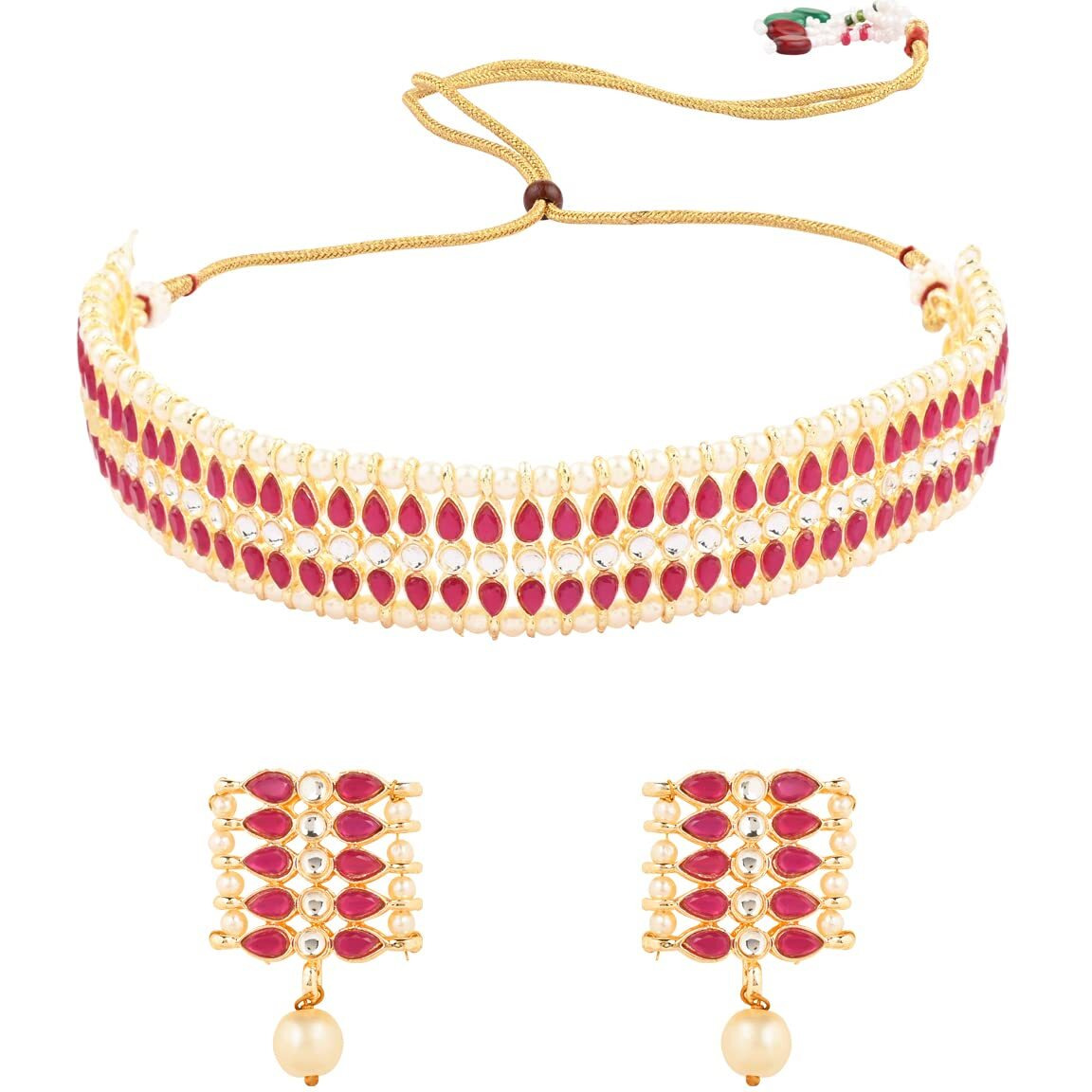 I Jewels Gold Plated Traditional Kundan Pearl Choker Necklace Jewellery Set For Women And Girls (K7209) (Rani Pink)