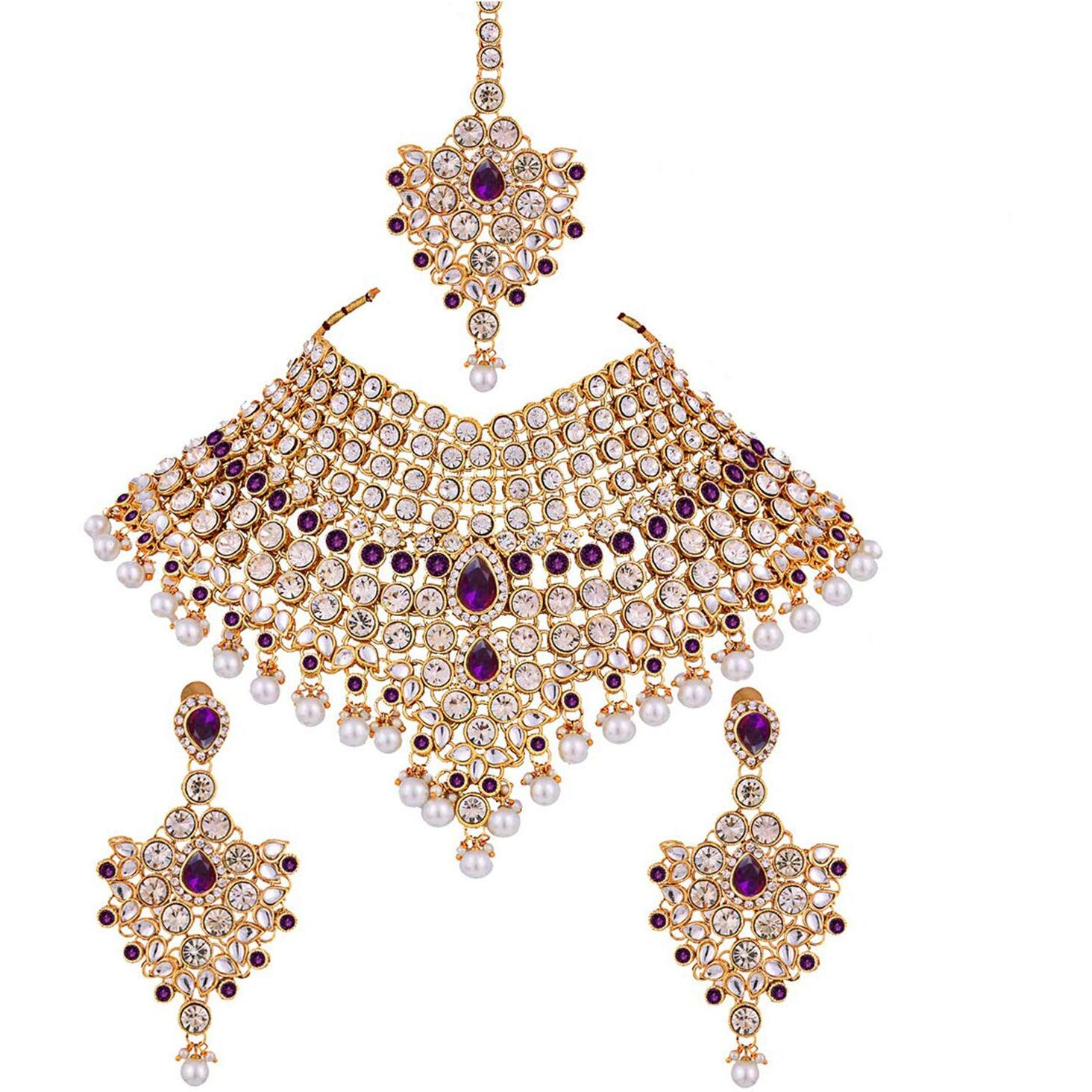 Lucky Jewellery Purple Semi Bridal Dulhan Dulhan Wedding & Engagement Necklace Set with Mang Tikka (1815-L1SS-KD124-P)