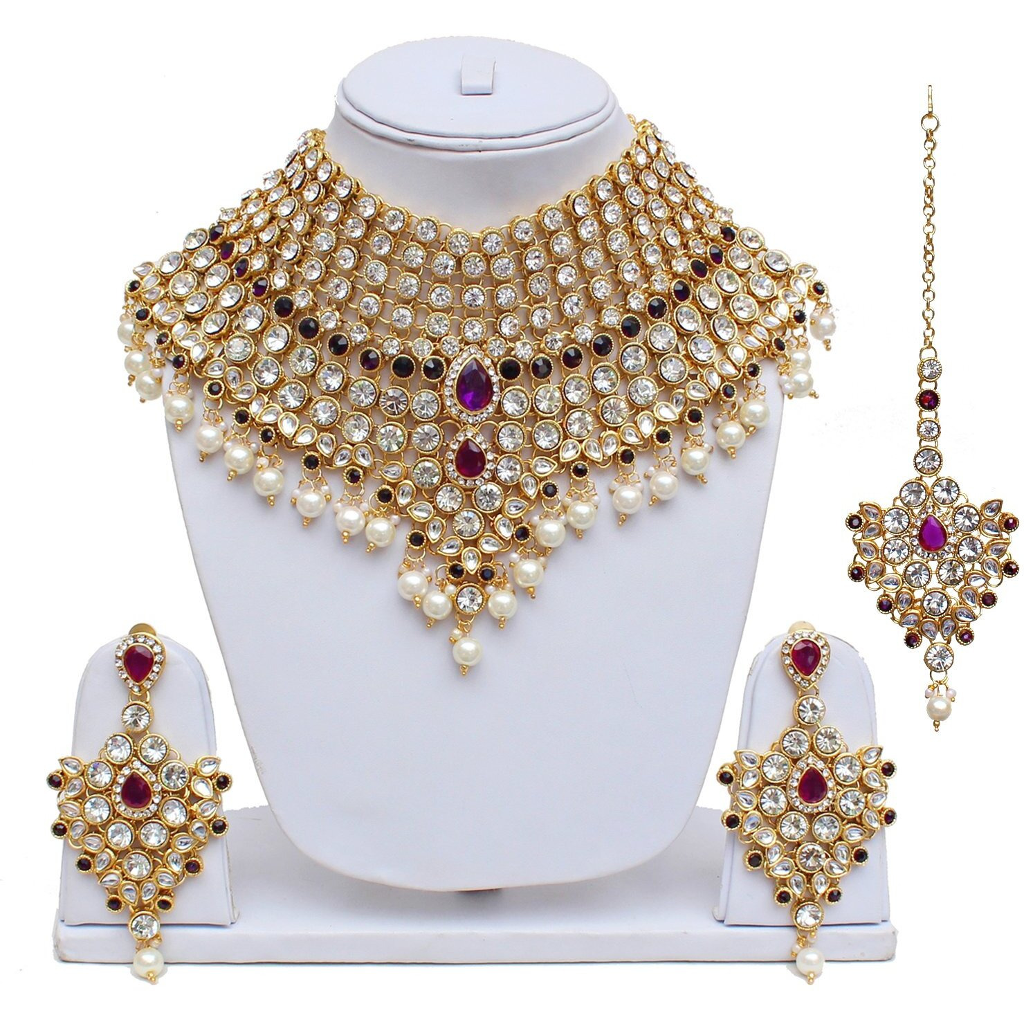 Lucky Jewellery Purple Semi Bridal Dulhan Dulhan Wedding & Engagement Necklace Set with Mang Tikka (1815-L1SS-KD124-P)